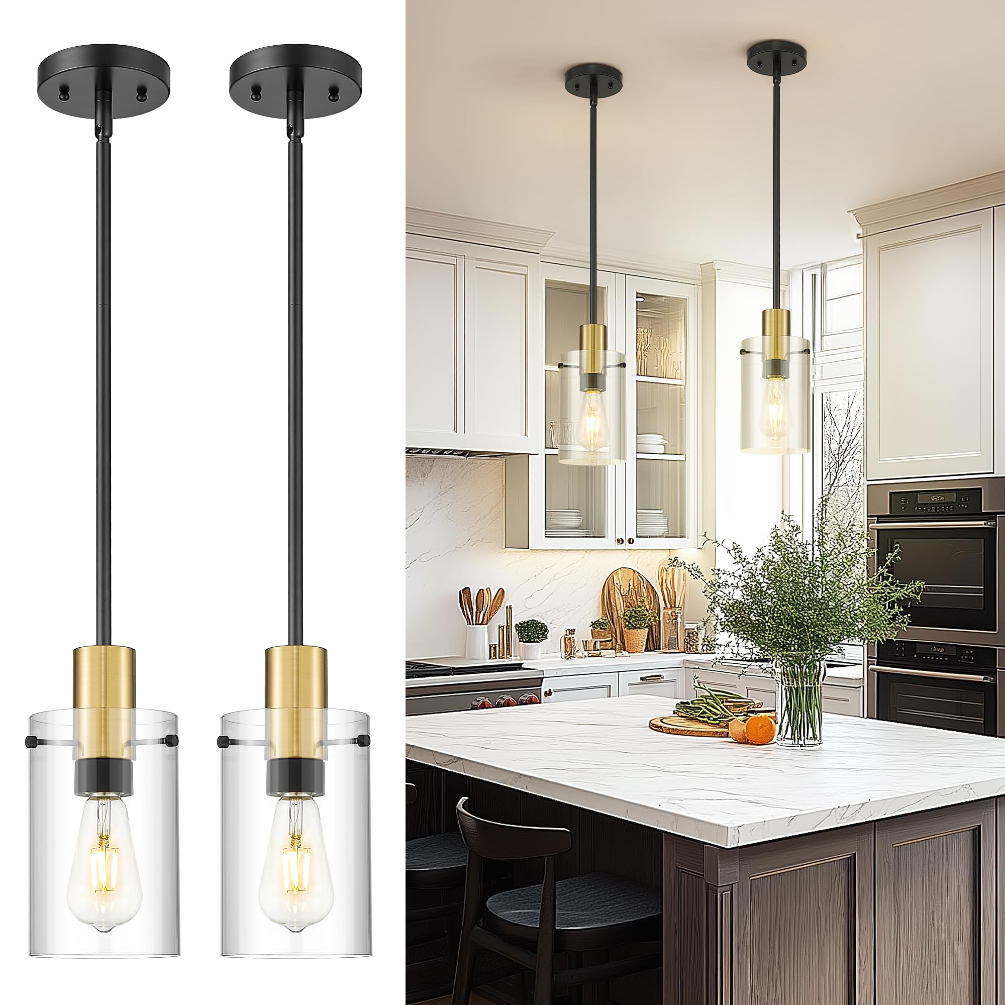 Emak 2 Pack Black and Gold Pendant Light,Modern 5 Inch Pendant Lights Kitchen Island with Clear Glass Shade, Farmhouse Kitchen I