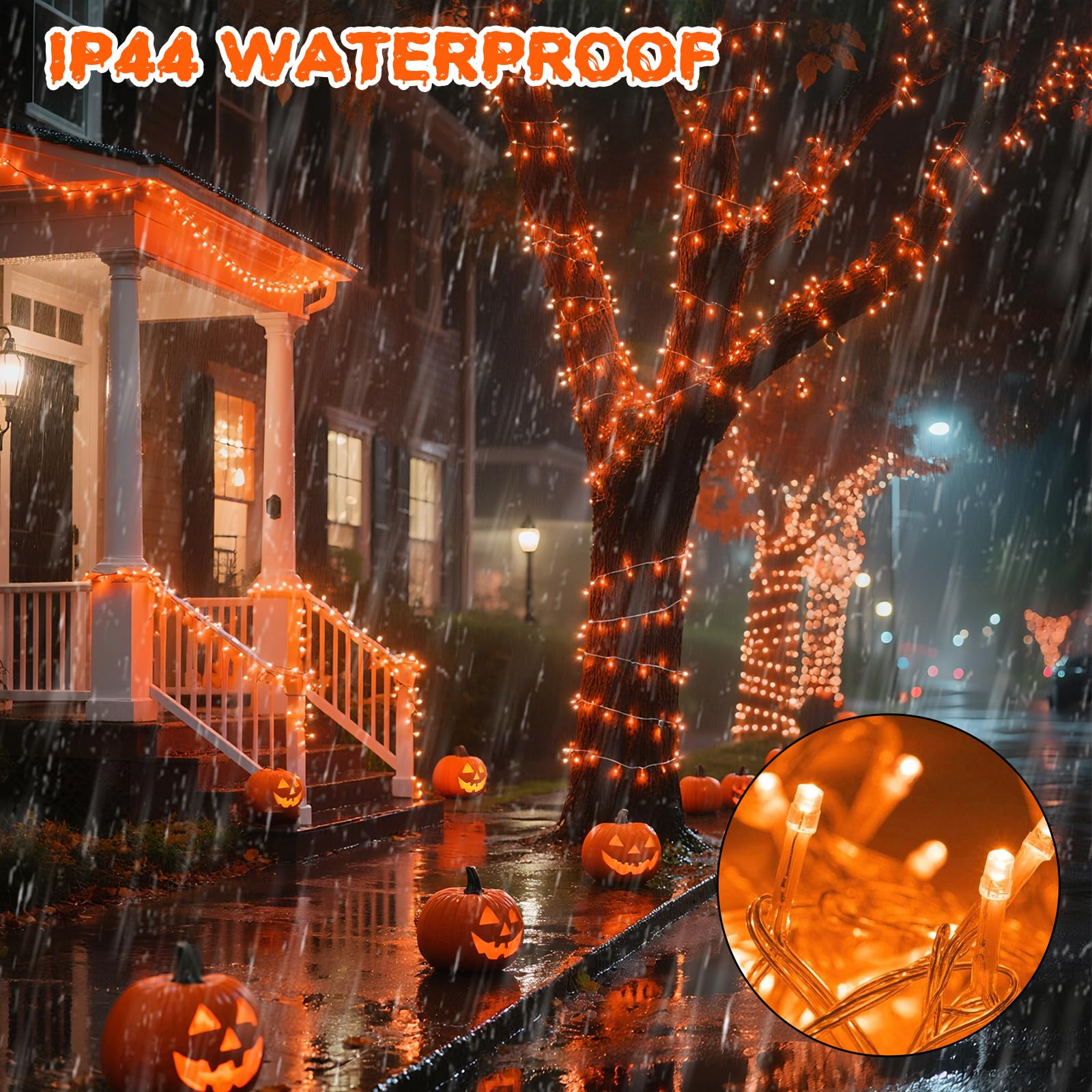 VTECHOLOGY 200LED Orange Christmas Lights, 66FT Connectable String Lights, 8 Modes, Indoor Outdoor Decor, Clear Wire, Model QL300IE