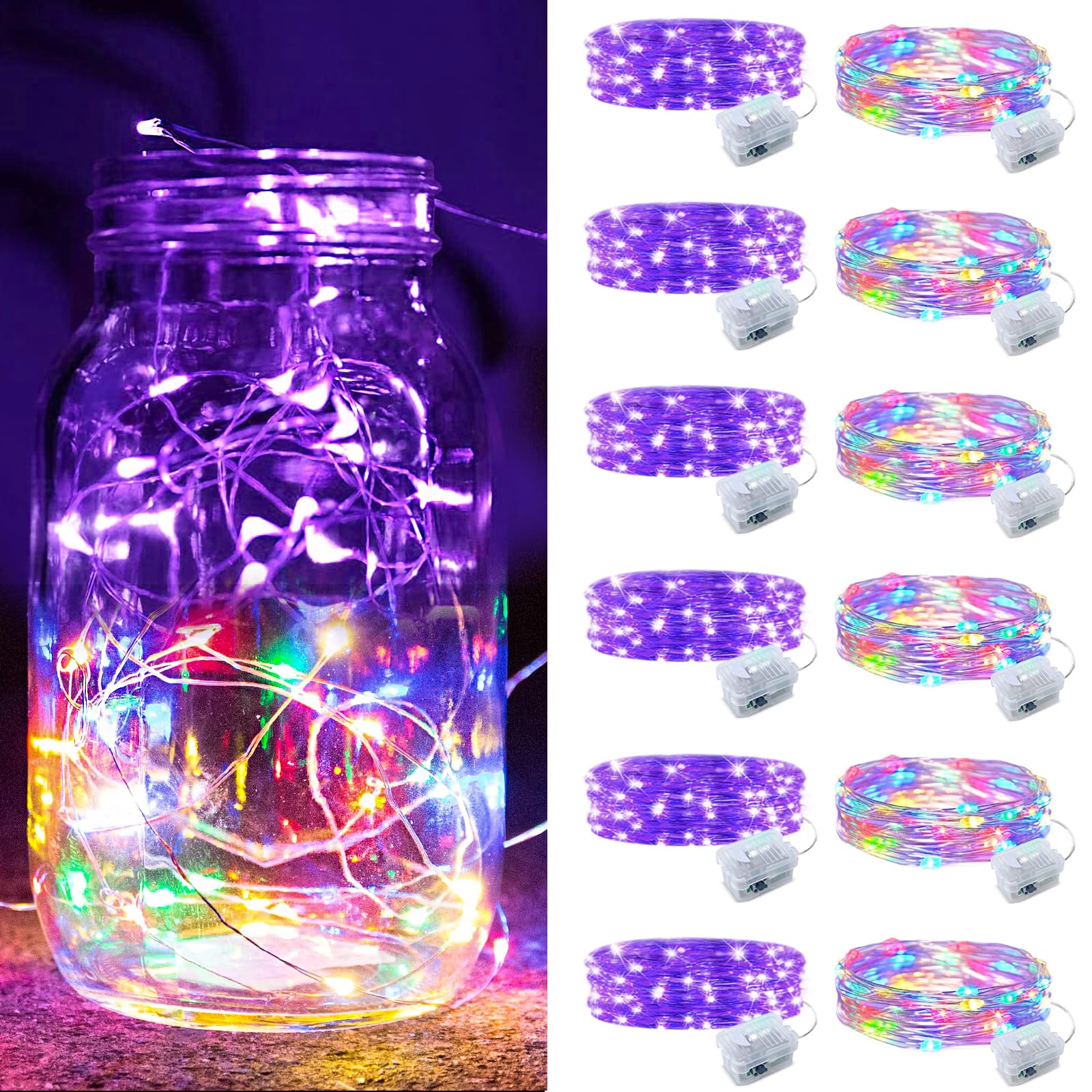 ZGWJ 12 Pack Battery Powered Fairy Lights  Mixed Colors 7Ft 20 Mini LED Silver Wires  3 Modes for DIY  Party  Wedding  Bedroom  Halloween Christmas Decoration (Colorful & Purple)
