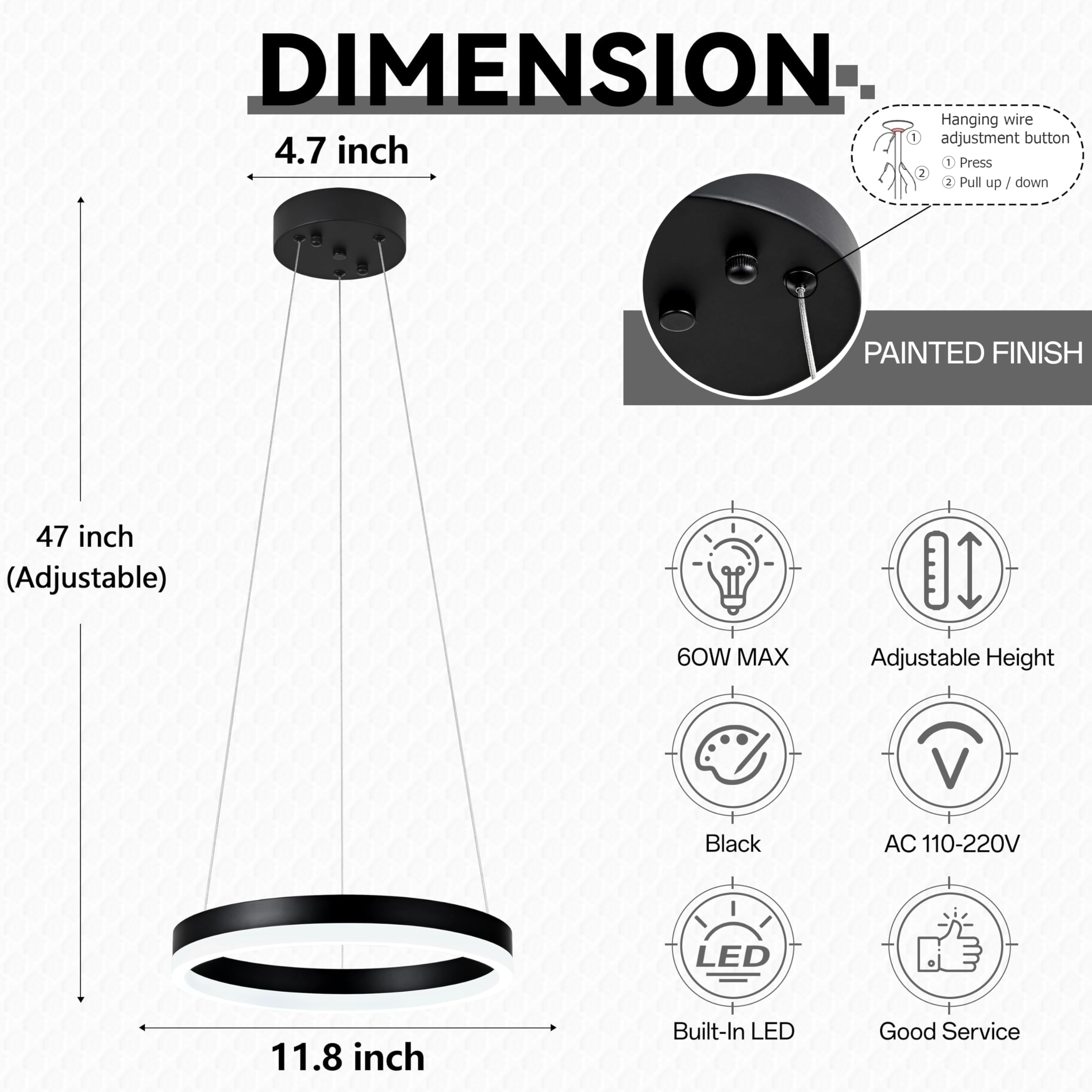 Mccokaige 12" Black LED Ring Chandelier - Modern Pendant Light Fixture for Kitchen Island, Bedroom, Dining Room - Adjustable Height, Metal