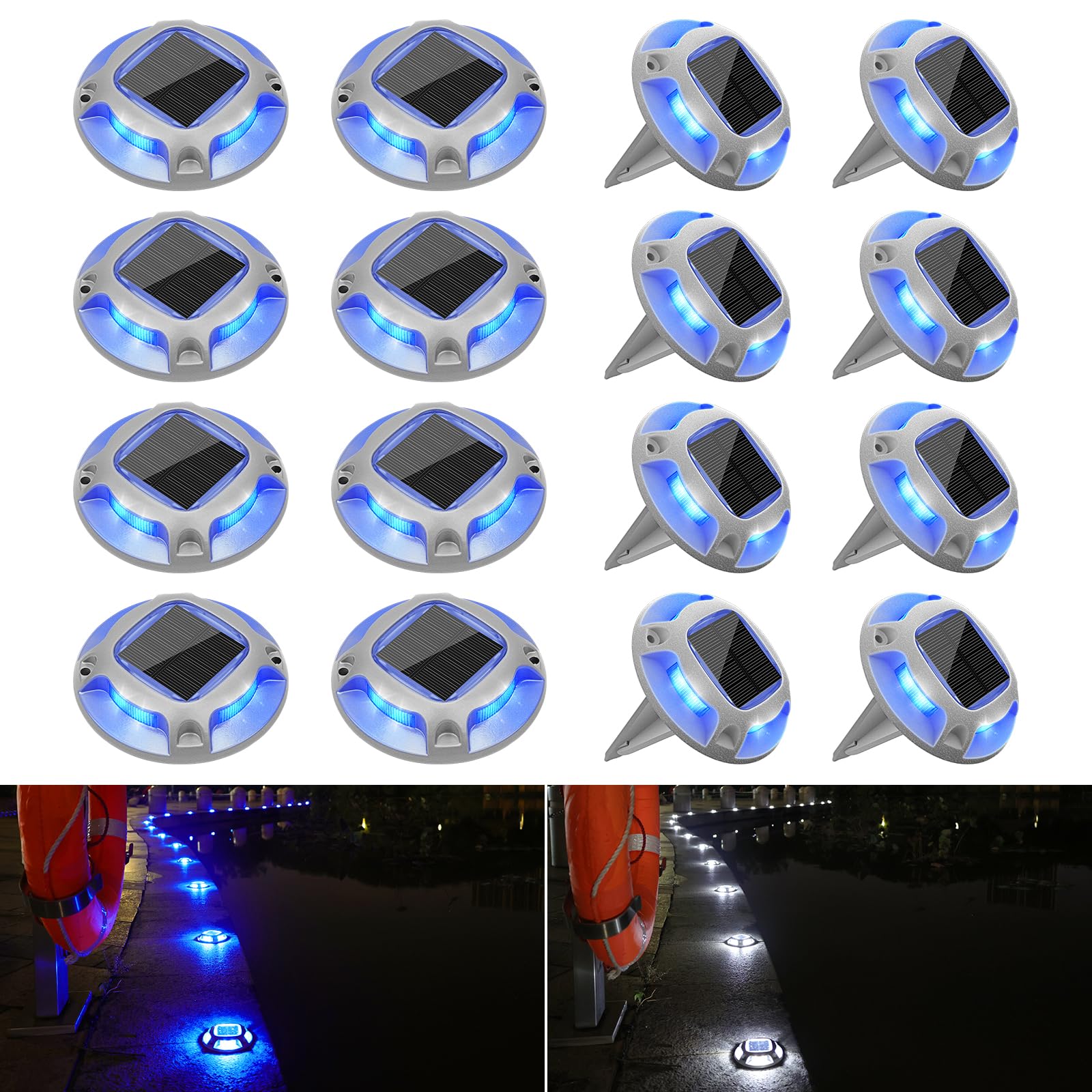 VOLISUN Solar Driveway Lights - 16 Pack, IP67 Waterproof, White/Blue, Model 21380ZM, Outdoor Deck and Pathway Lighting