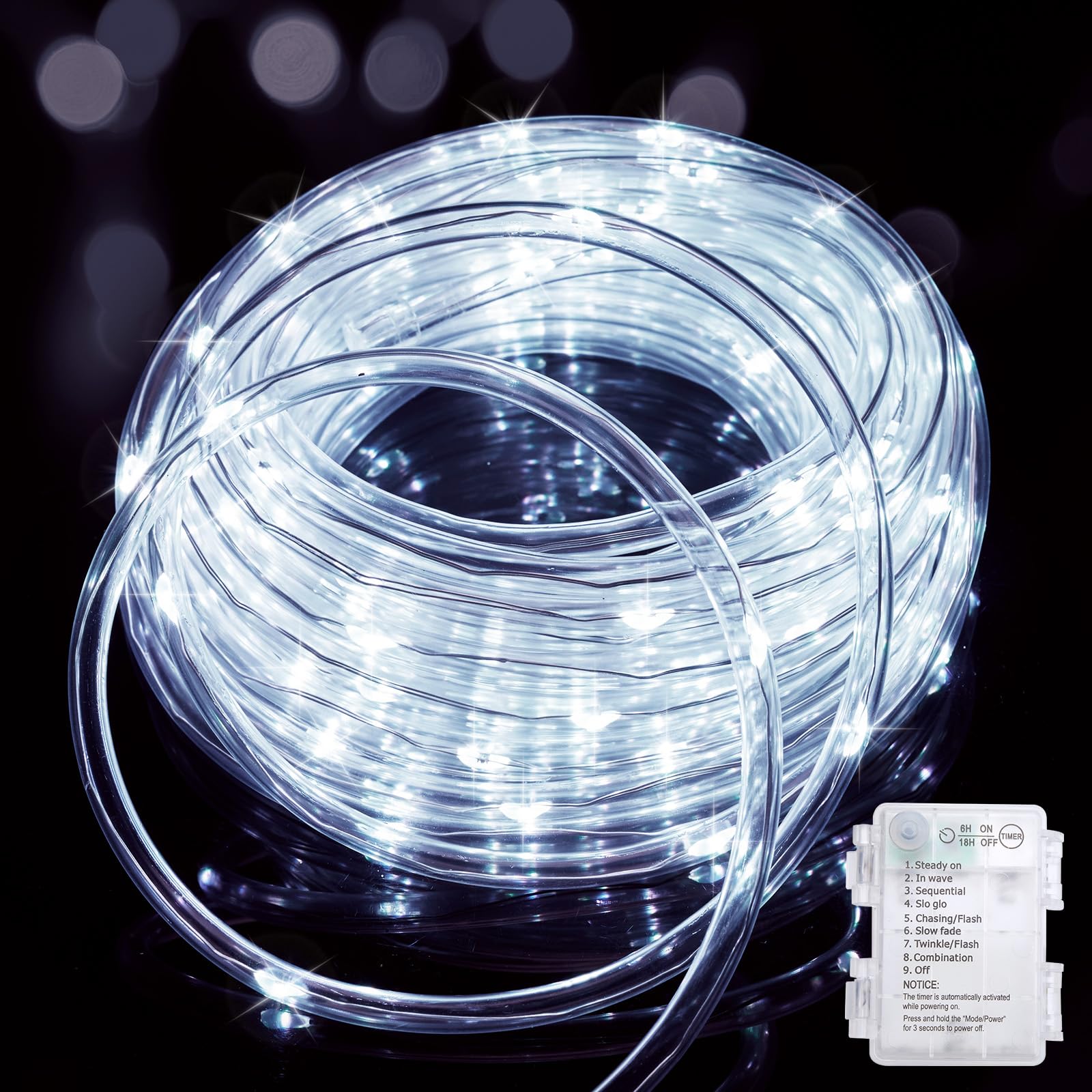 Minetom String Lights Battery Operated, 33FT 100 LED Outdoor Rope Lights Battery Operated, Outdoor Christmas Lights with Timer, 8 Mode, Waterproof Rope Lights for Outside Bedroom Indoor, Pure White