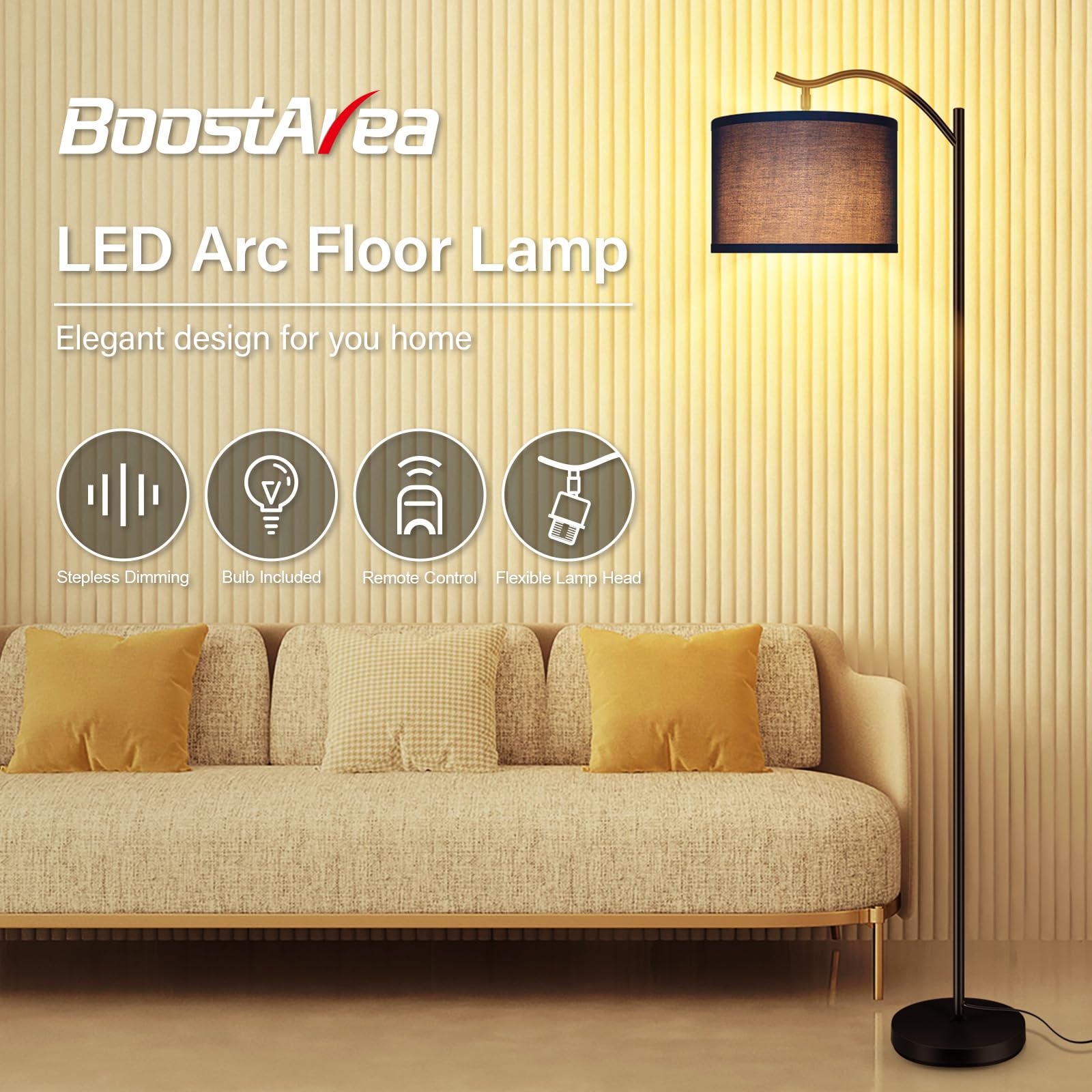 BoostArea Arc Floor Lamp with Remote, Stepless Dimmable, Metal, Blue, Model B1370 for Living Room, Bedroom, Office