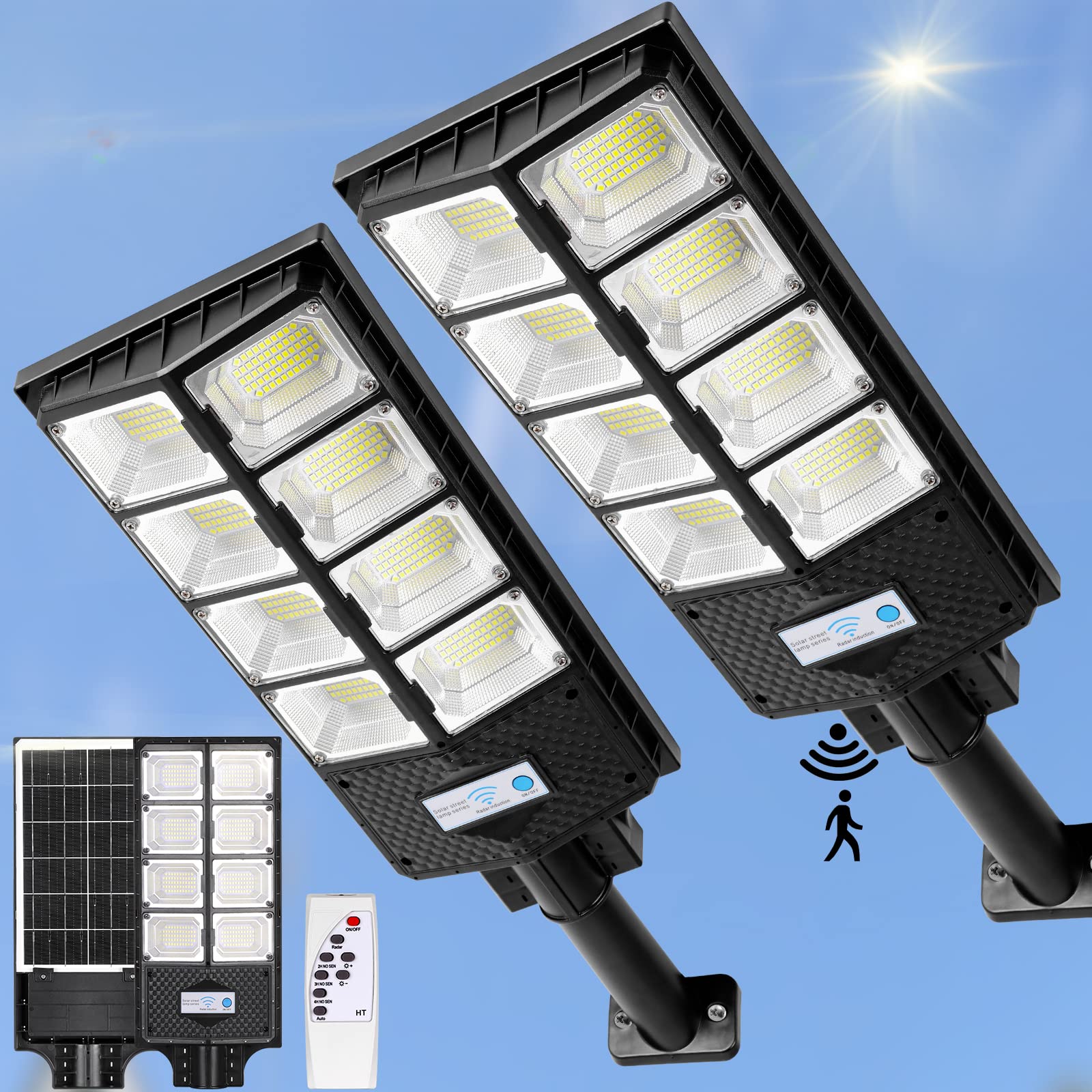ZJOJO Solar Street Lights 10000LM 448 LEDs Dusk to Dawn Wide Angle Motion Sensor Remote Control 2-Pack White