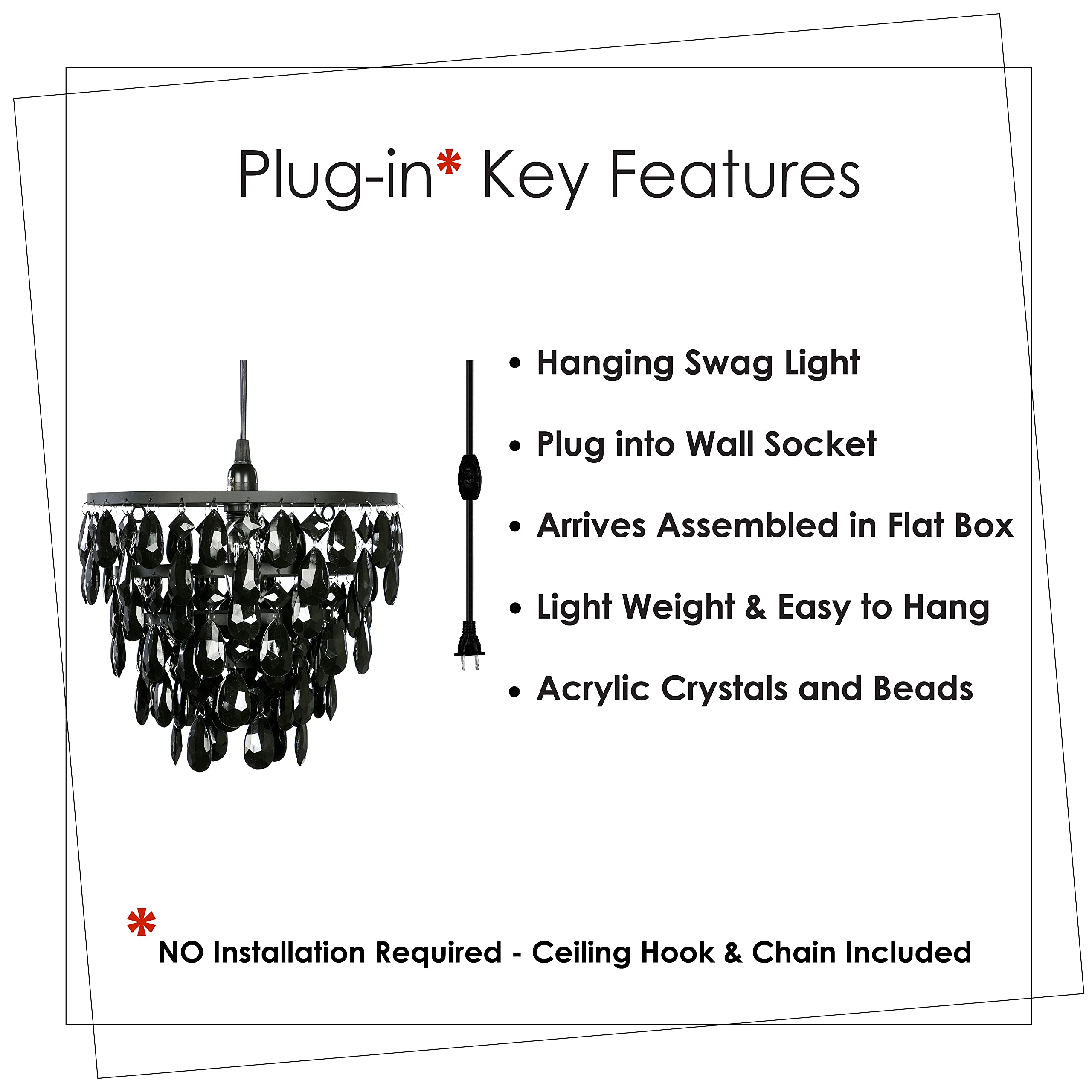 Gypsy Color Plug-In Black Hanging Swag Dome Chandelier, 1 Light, 10”X11.5”, Metal Frame With Black Acrylic Crystals, Model Gydmbk