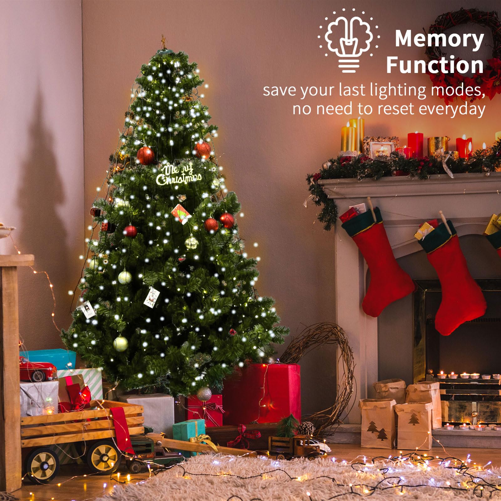 BOLWEO 280 LED Christmas Tree Lights, 8 Modes for 6ft-7ft Trees, Cool White, UL Certified Indoor/Outdoor Decor, Model SW-LSL-02-280