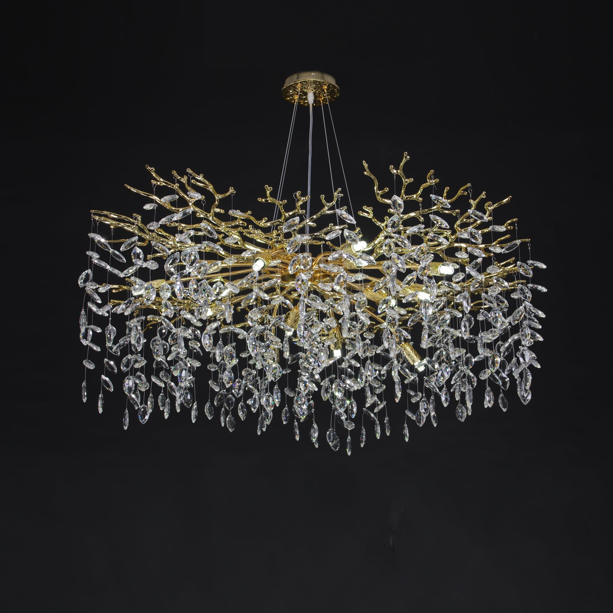 Puvaue Crystal Tree Branches Chandeliers Round Gold Raindrop Pendant Light Fixture 15 Lights For Dining Room Bedroom Living Room