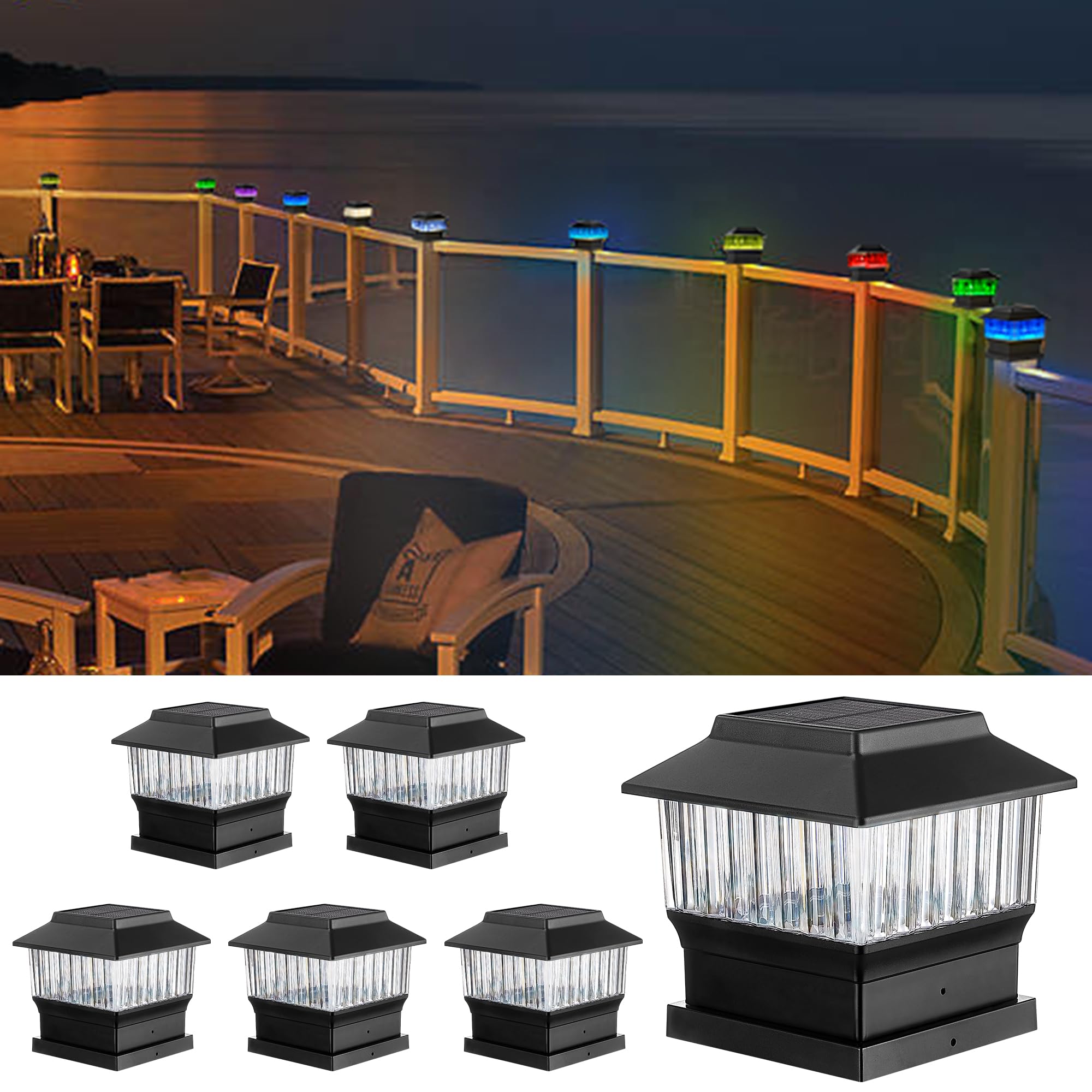 Moon-De-Age Rgbw Solar Post Cap Lights, 50 Lumen, 6 Pack For Decks & Gardens