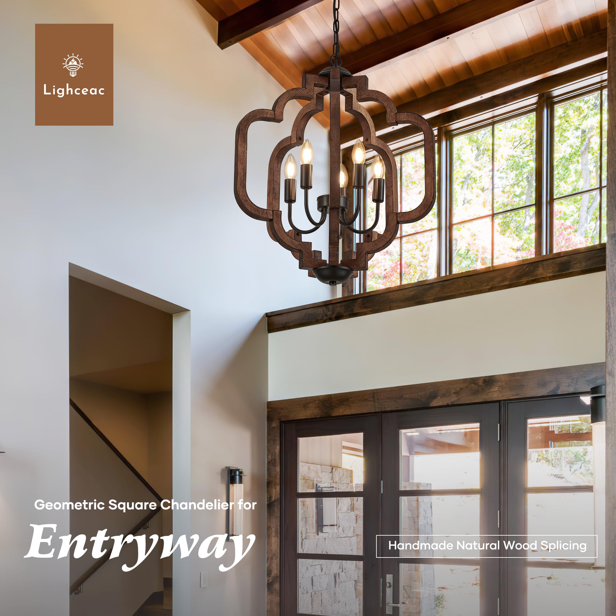 Lighceac 20.5'' Farmhouse Vintage Chandelier 5-Light For Dining Room Rustic Handmade Wood Hanging Ceiling Pendant Light Fixture
