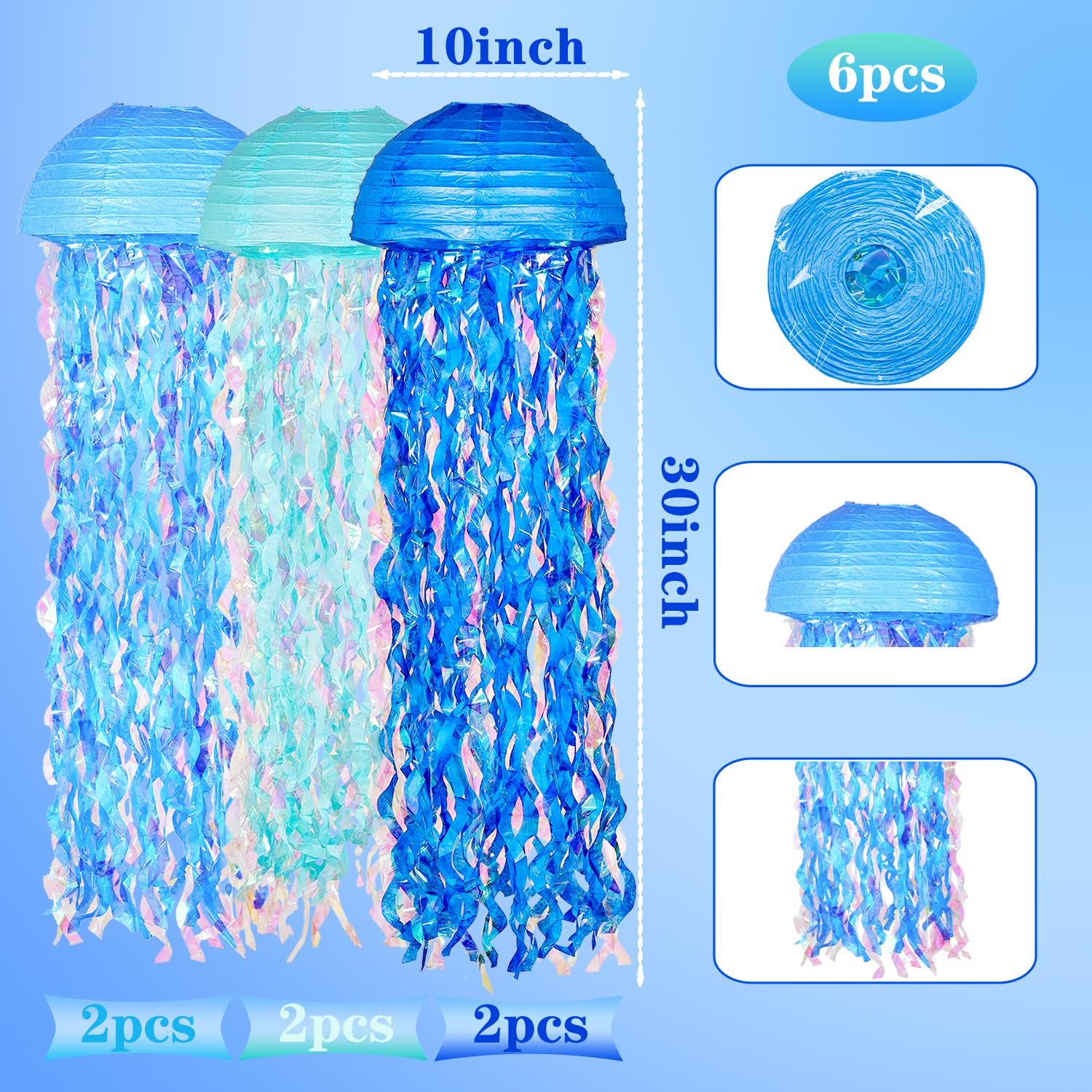 Obxt 10'' Blue Hanging Jellyfish Paper Lanterns - Under The Sea Party & Mermaid Birthday Decorations, Baby Shower, Nautical Even