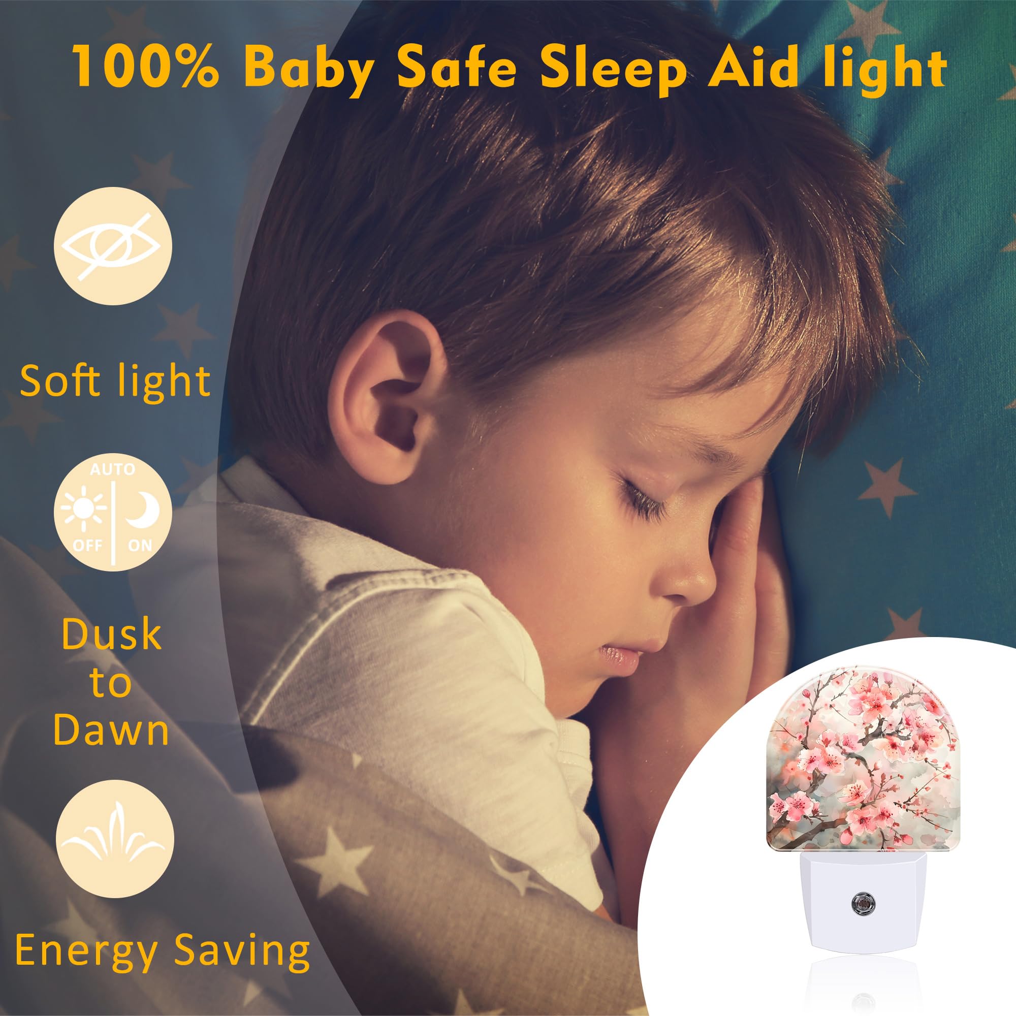 Sndheke Cherry Blossom Tree Night Light Plug Into Wall,Pink Watercolor Cherry Blossom Flowers Dusk To Dawn Night Light Plug In,0