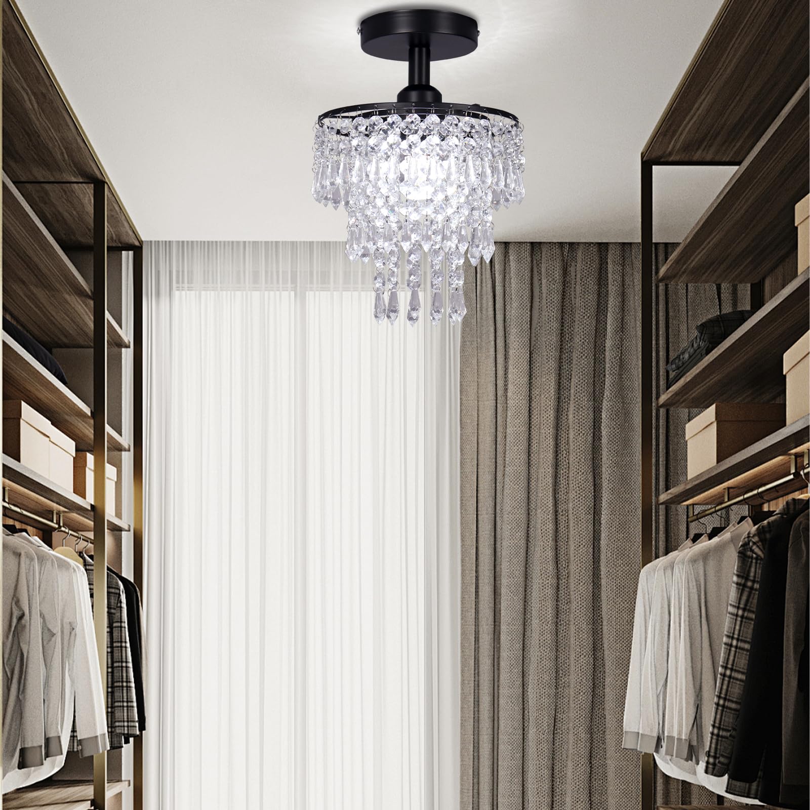 Frixchur Black Crystal Chandelier Flush Mount Light, 3-Tier Raindrop Design For Home Decor