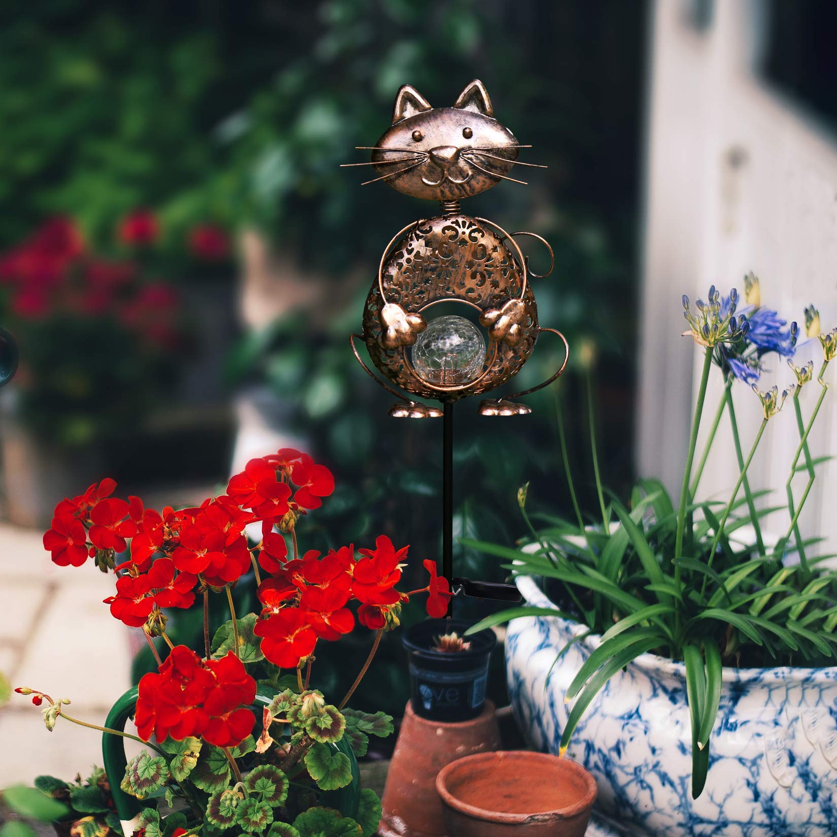 KAIXOXIN Solar Garden Lights, Waterproof Warm White LED, Metal Cat Design, Cat-Bronze