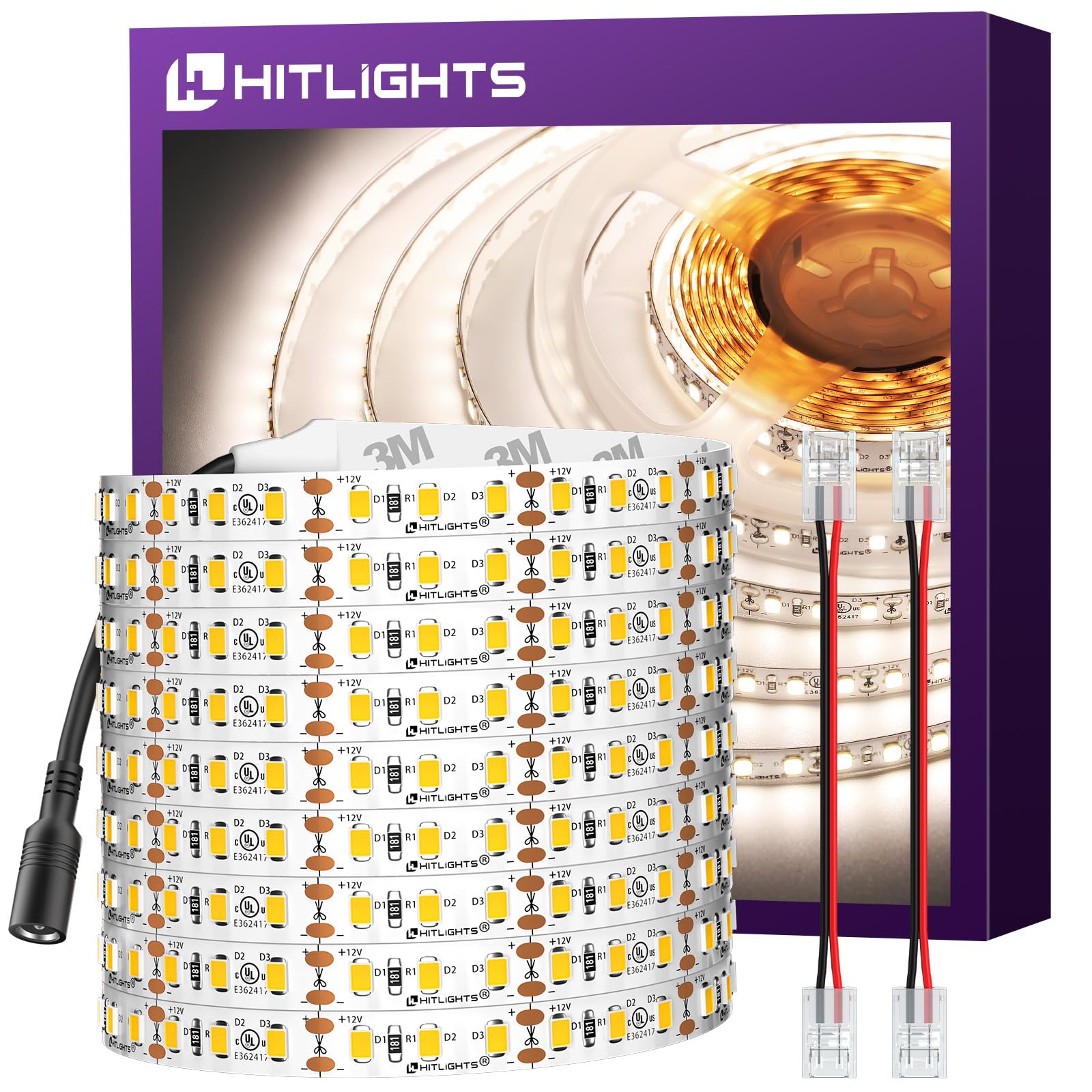 HitLights LED Strip Lights, Neutral White, 24.6FT, 900 LEDs, 4000K, 12V DC, UL-Listed, High Density 2835, 60