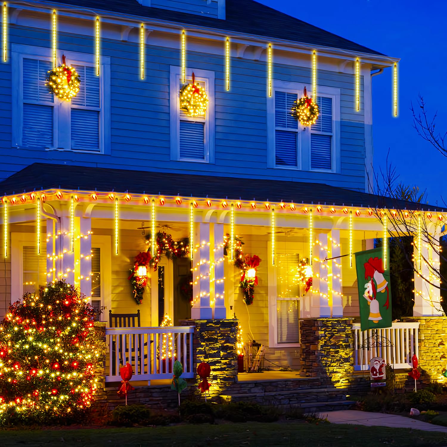 Jmexsuss 2 Pack Solar Meteor Shower Lights, 16 Tube 288 Led Warm White Meteor Christmas Lights, Solar Christmas Lights Outdoor Waterproof For Tree Christmas Decorations