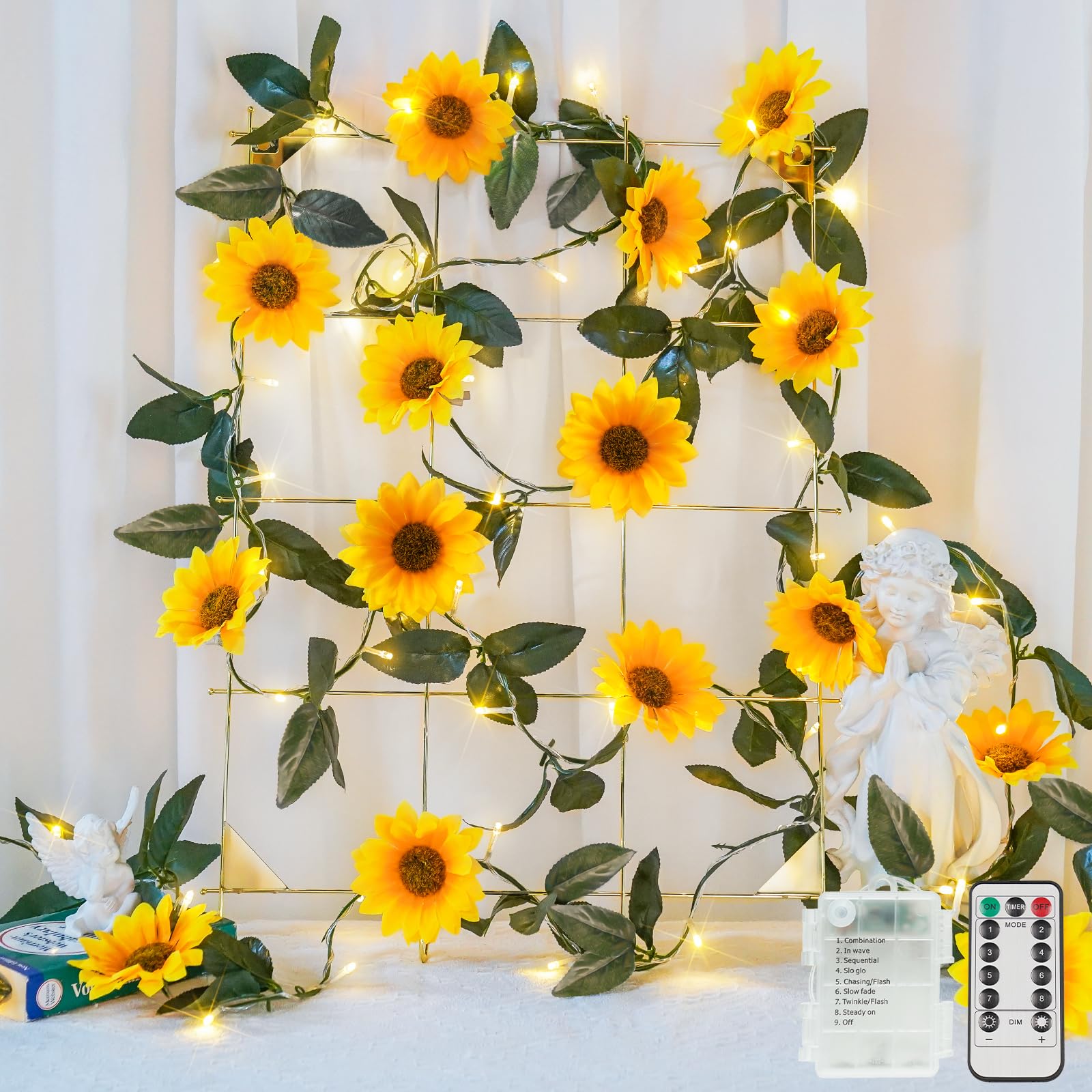 suddus Artificial Sunflower Garland with 60 LED Fairy Lights  Vines with String Lights Battery Operated  Flower Hanging Lights for Indoor  Outdoor  Bedroom  Wedding  Wall  Party (Warm White)