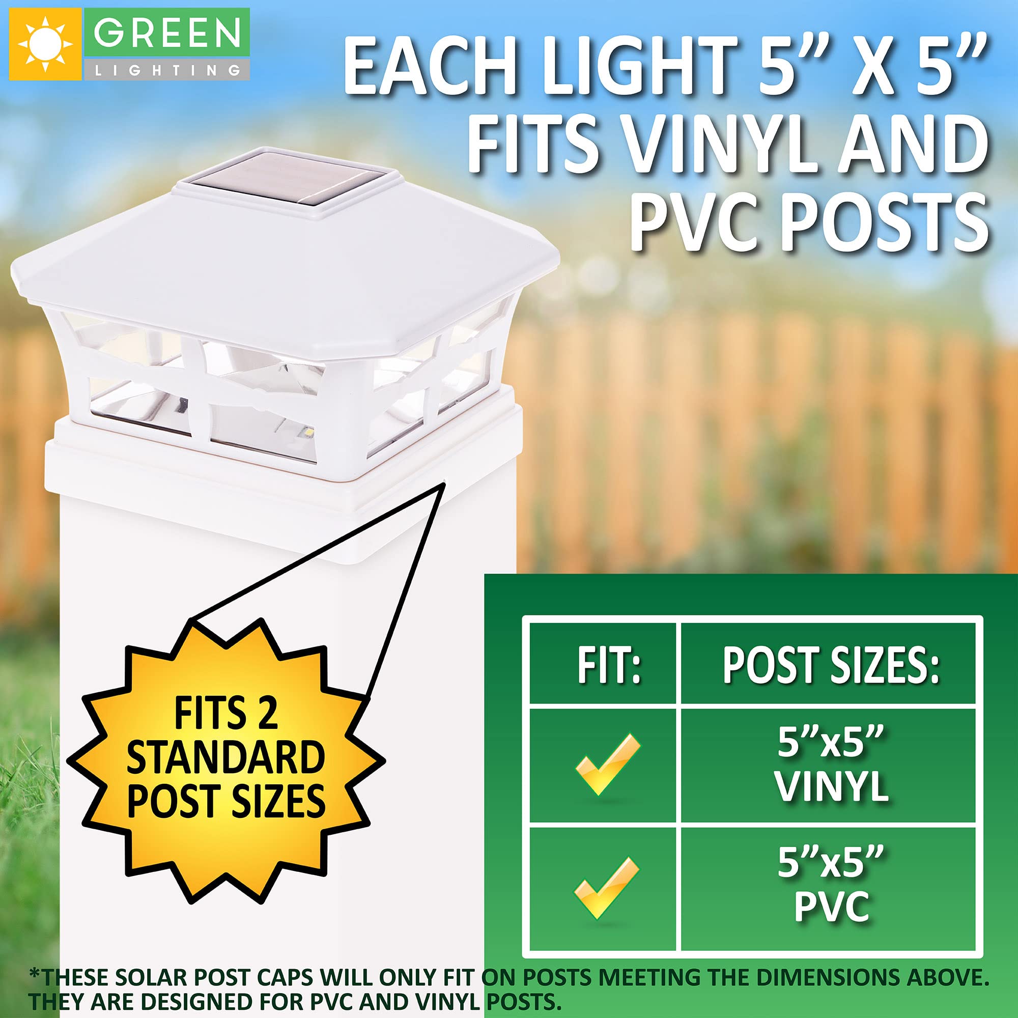 GreenLighting Solar Post Cap Lights - 12 Pack, Waterproof, Bright LED, Fits 5x5 PVC/Vinyl, White