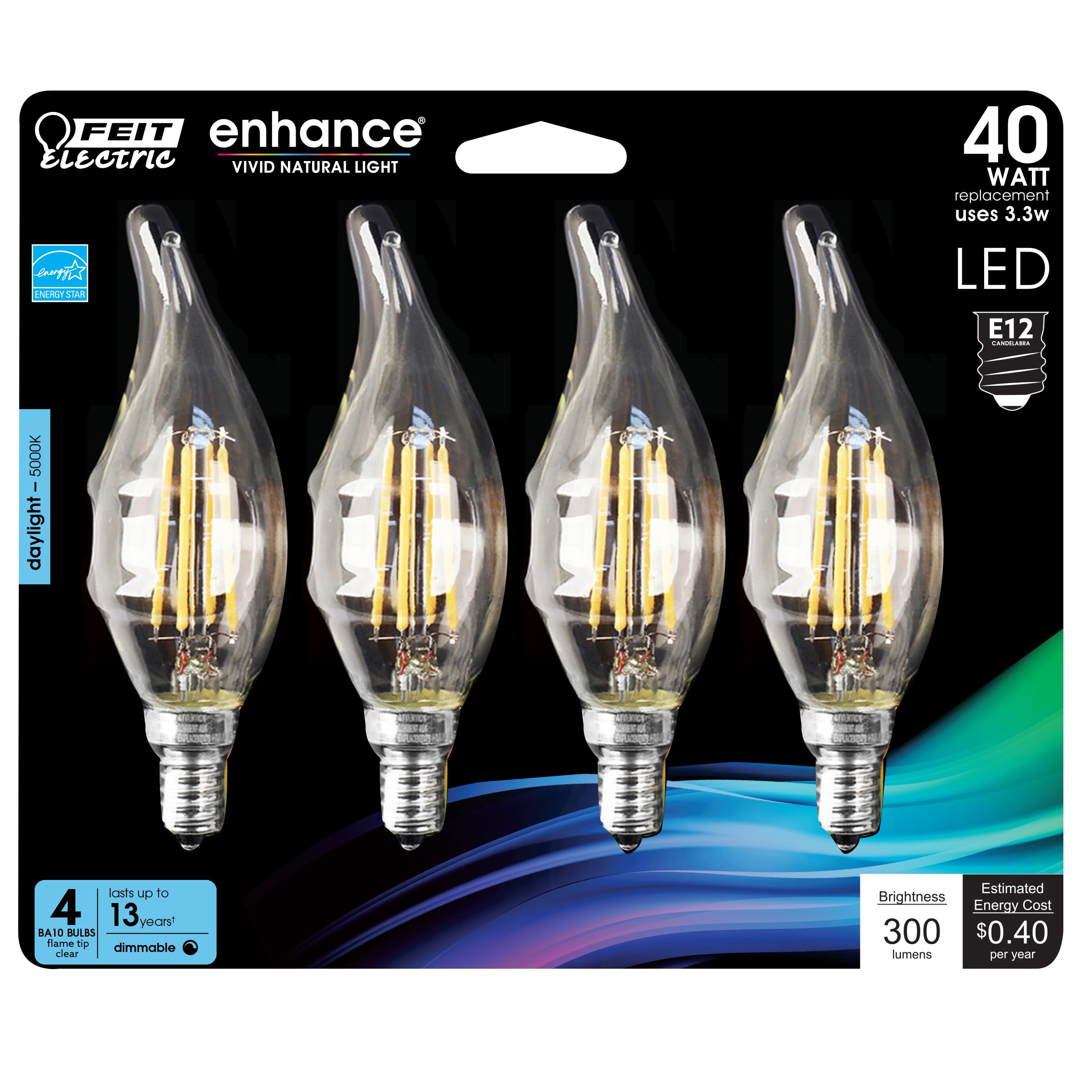 Feit Electric Candelabra LED Light Bulbs, Dimmable, 40W Equivalent, E12 Base, 5000K Daylight White, Vintage B10 Filament Candle 
