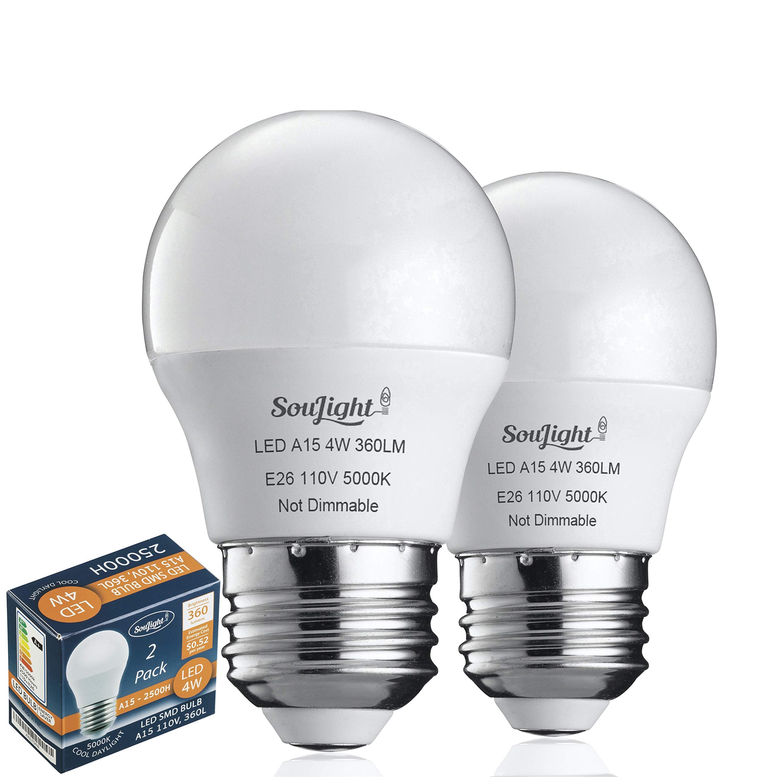 SouLight Refrigerator Light Bulb LED - 4W Equivalent, Waterproof E26 Base, 5000K Daylight White, 360 Lumen - 2 Pack