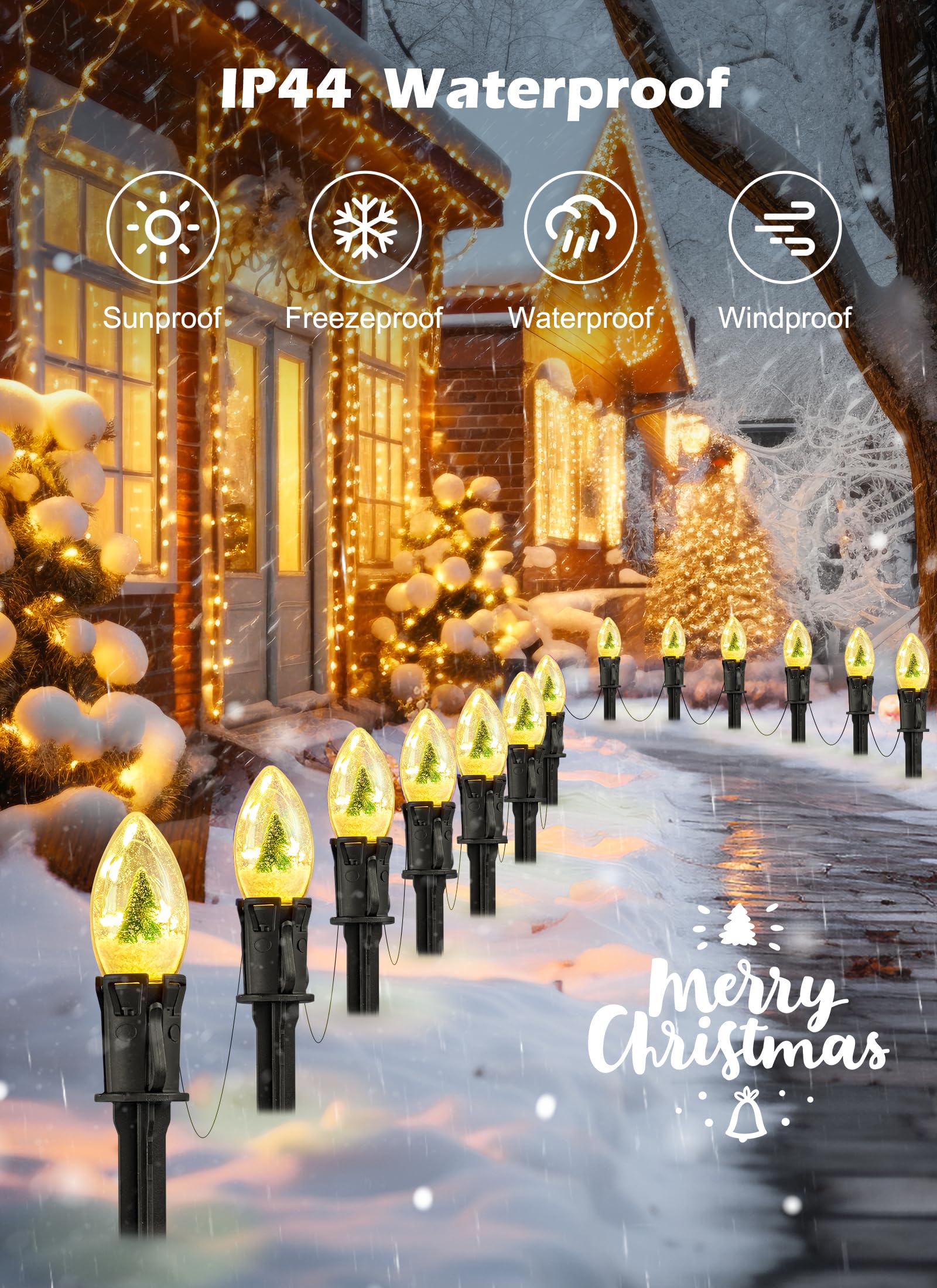 Brightown C9 Christmas Pathway Lights, 45Ft, 40 LED, Warm White, Waterproof, 4 Light Modes, Model GYPC-O25LAU