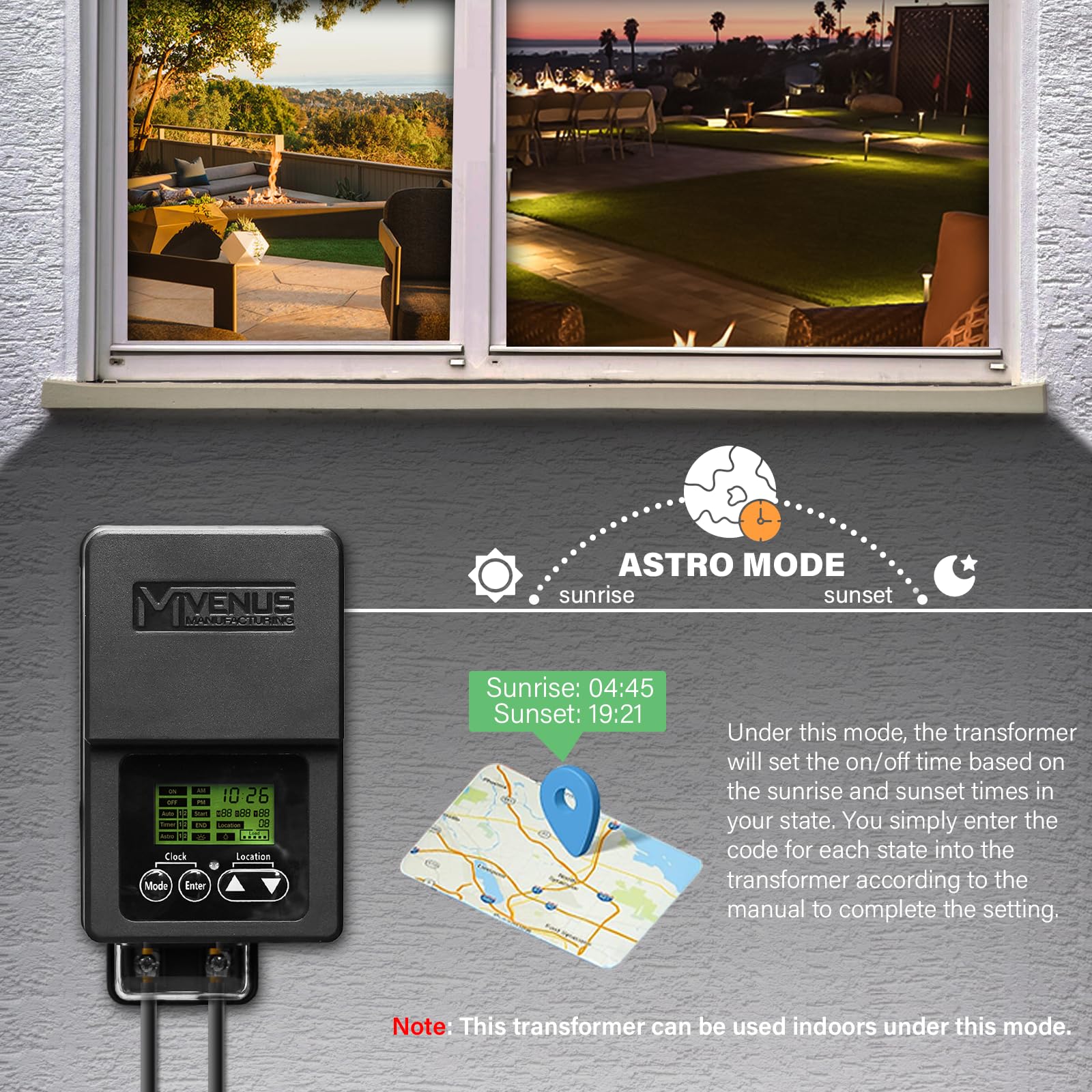 VENUS MANUFACTURING 60W Outdoor Low Voltage Transformer with Timer & Photo Sensor, 120V AC to 12V AC, Black-Grey, Model 5113-06001-01