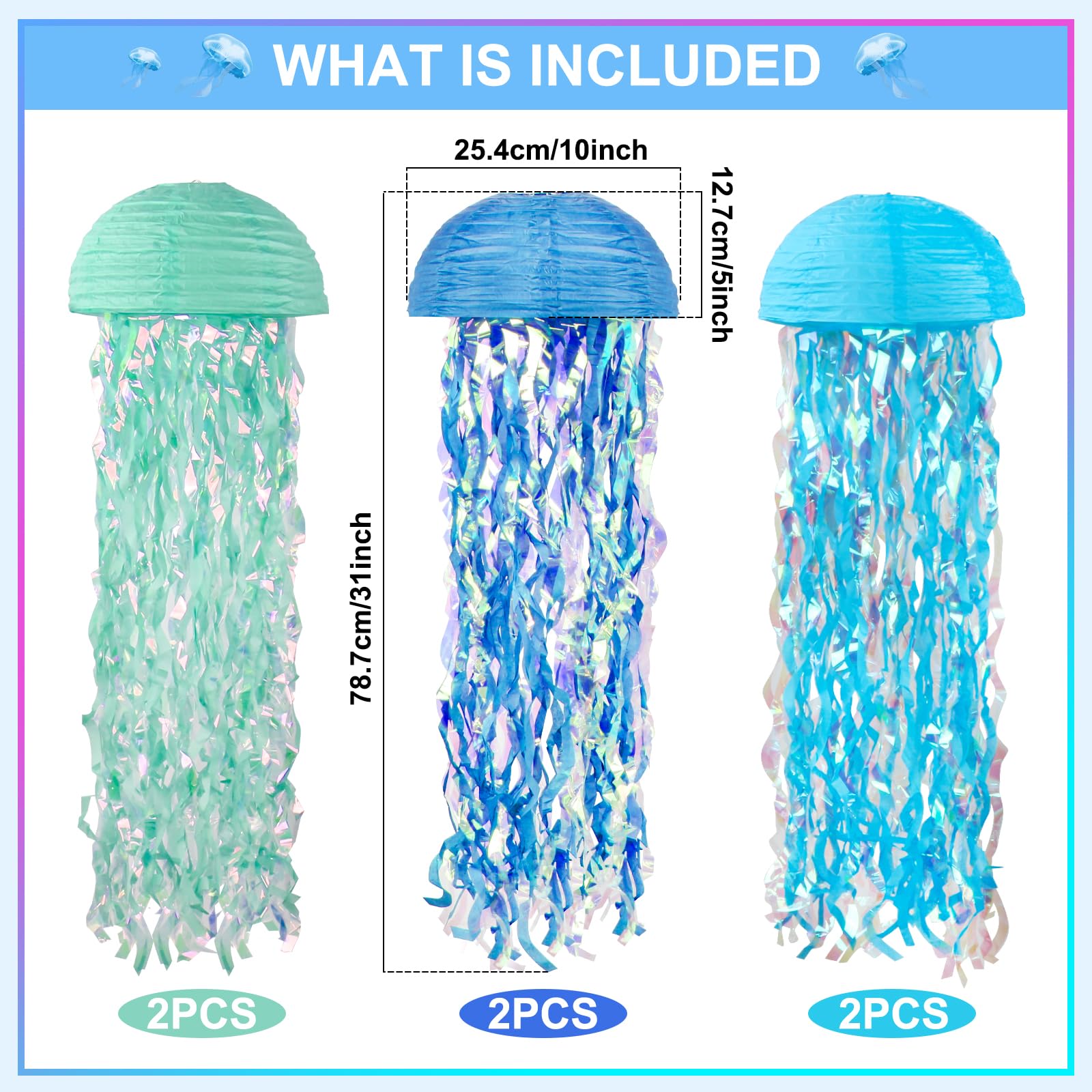 Jellyfish Paper Lanterns Hanging Jelly Fish Paper Lanterns, 6 Packs Blue Hanging Lantern For Mermaid Theme Party Under The Sea O