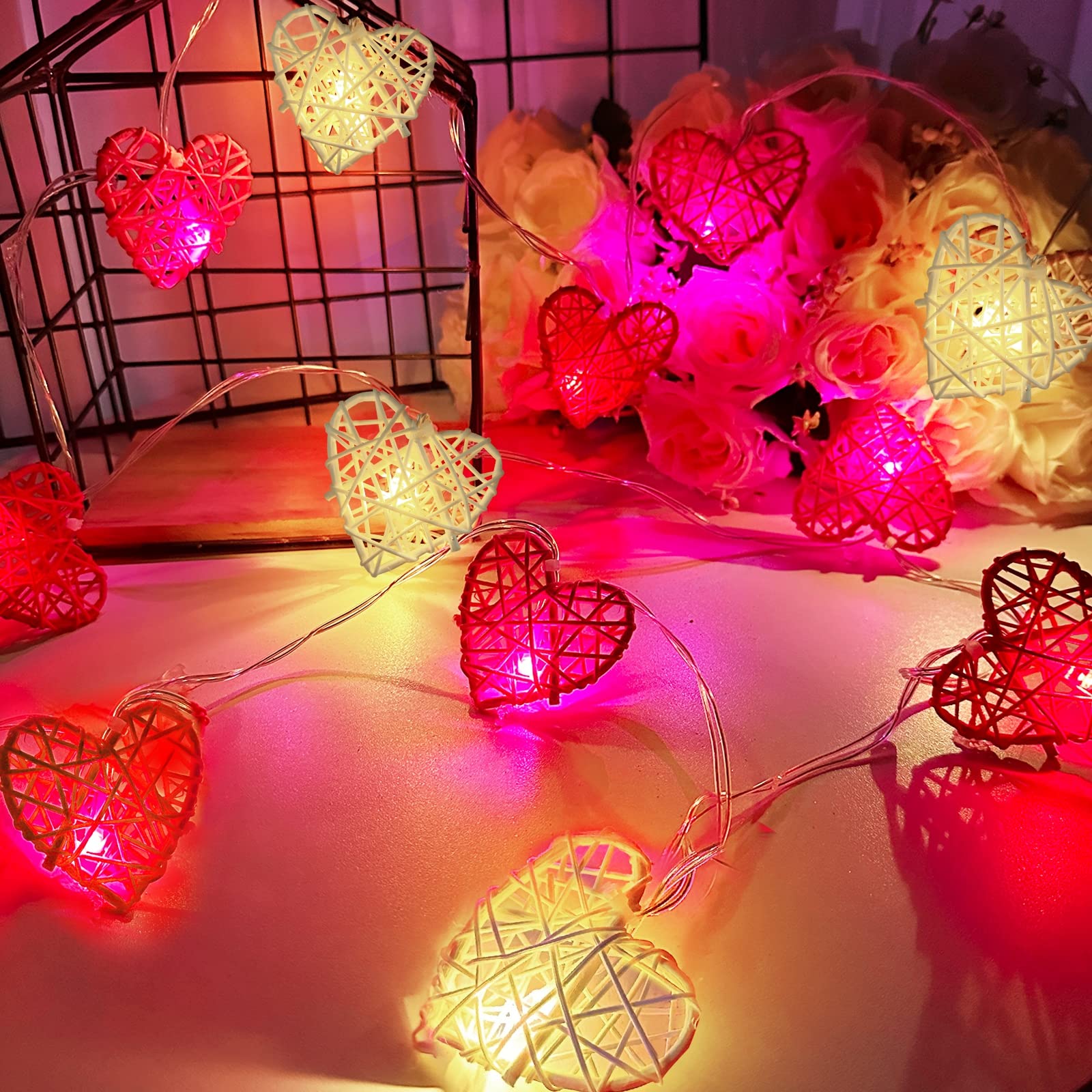 [Timer&Tricolor] Valentines Lights Valentines Day Decorations, Red Pink White Heart Lights, Battery Operated 12Led 6.5Ft 3D Hollowed Rattan Heart Garland String Lights For Indoor Bedroom Home Party