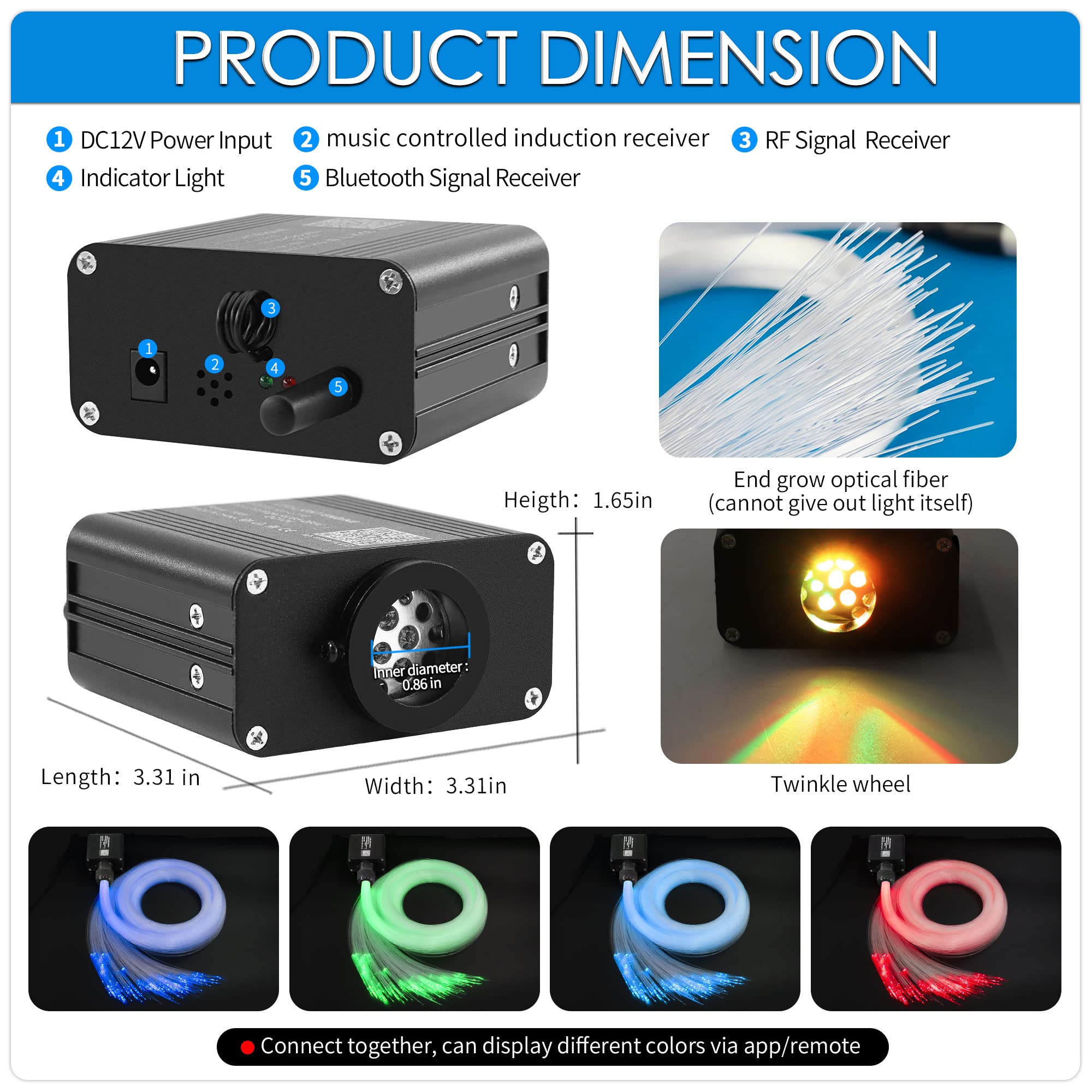 ATOKEE Starlight Headliner Kit, 500pcs Fiber Optic Star Lights, 9.8ft, Black, Model QJ-L016, Bluetooth App/Remote Control, Sound Activated