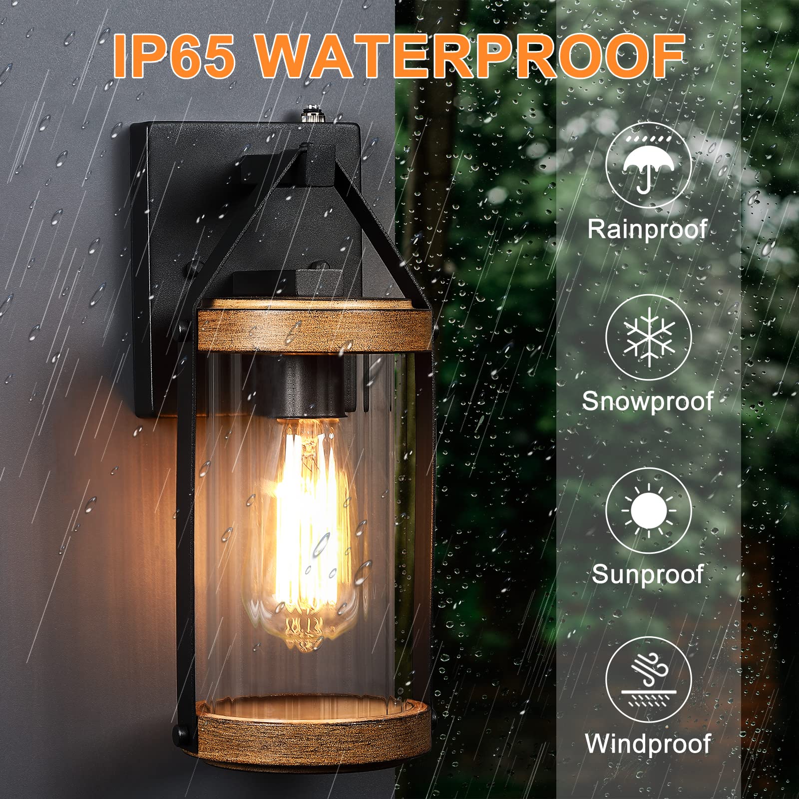 LONEDRUID Outdoor Wall Light Fixtures, 2 Pack, Dusk to Dawn, Waterproof, Black & Wood Texture, Photocell Sensor, Wall Mount Sconce