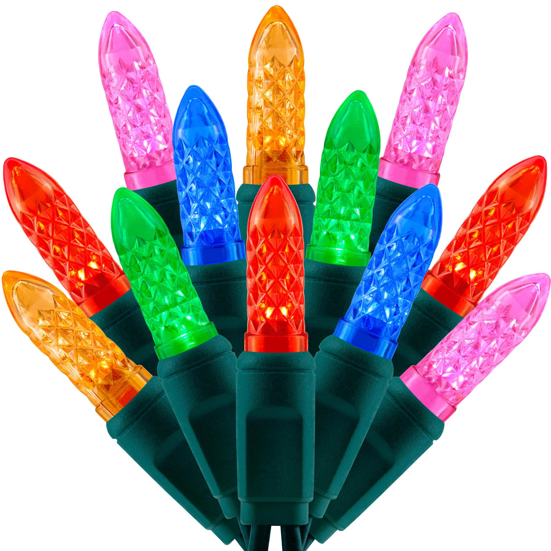 SWEET SHINE LED Christmas Lights, 33 ft Waterproof M6 Outdoor String Lights, Multicolor, Green Cord, Model YX-M6-100-3