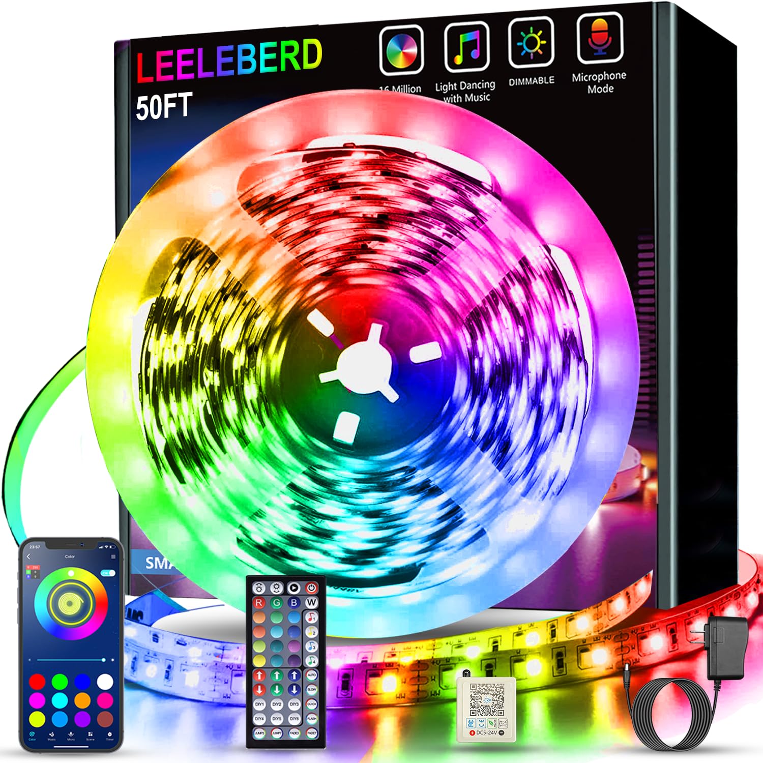 Leeleberd 50ft LED Strip Lights - Bluetooth RGB Color Changing, Remote Control, Multicolor, Plastic, Model T-100 for Home Decoration