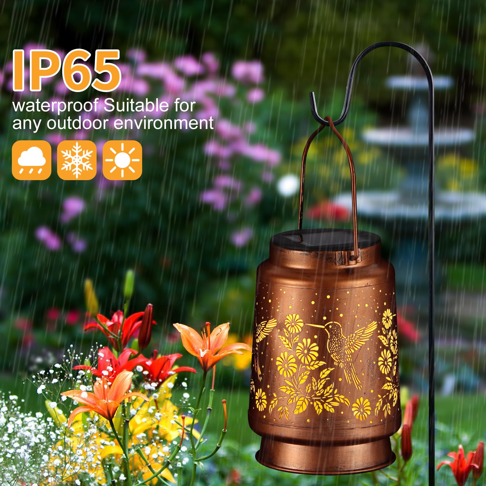 Solar Lantern Outdoor Hanging Waterproof Outside Metal Openwork Hummingbird Pattern Birthday Gifts For Women Mom Landscape Lights For Porch Garden Yard Patio Pathway Decor(Great Hummingbird)