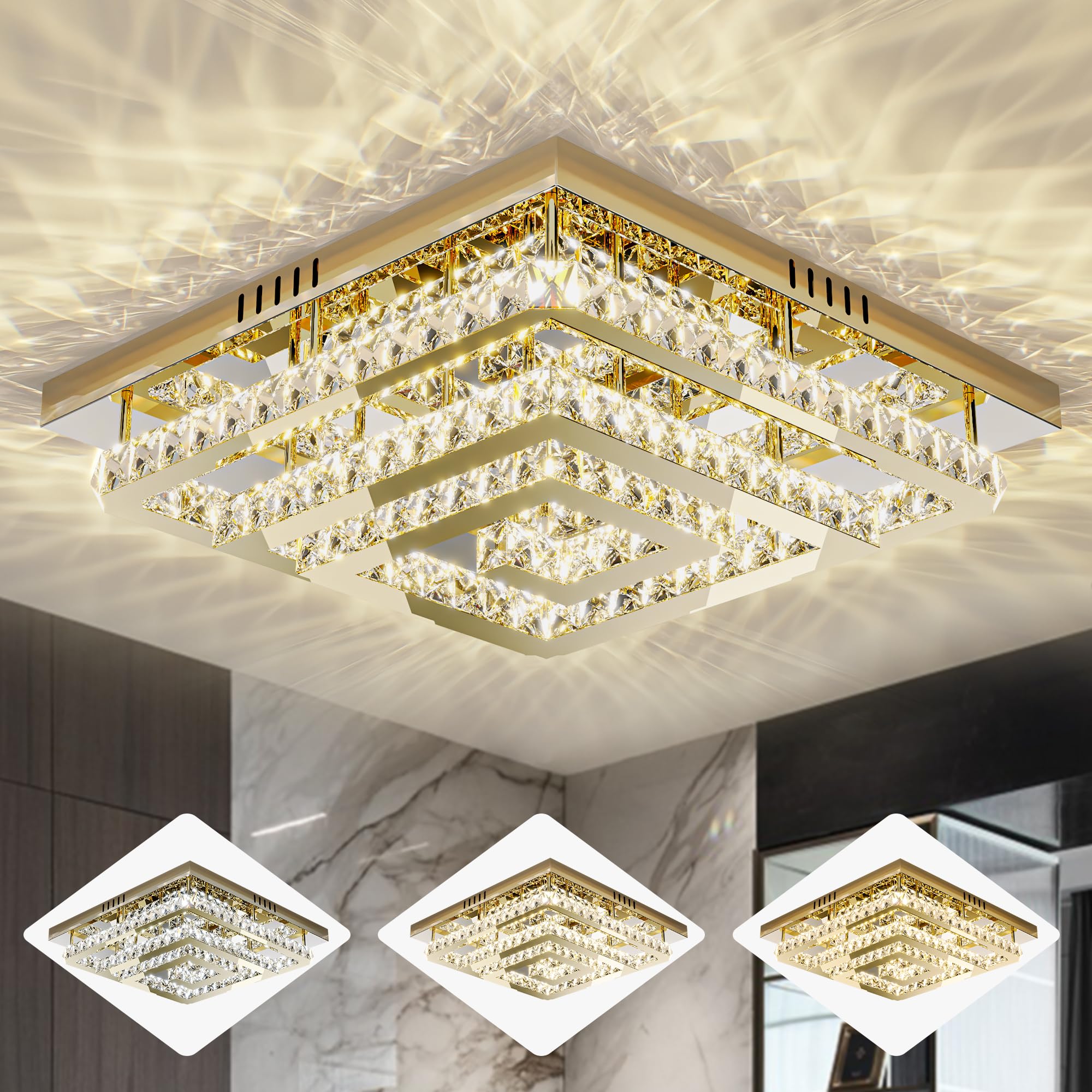 24'' Crystal Gold Chandelier With Remote Control, 3 Color Temperature Light Fixture & Brightness Adjustable, Modern Flush Mount 