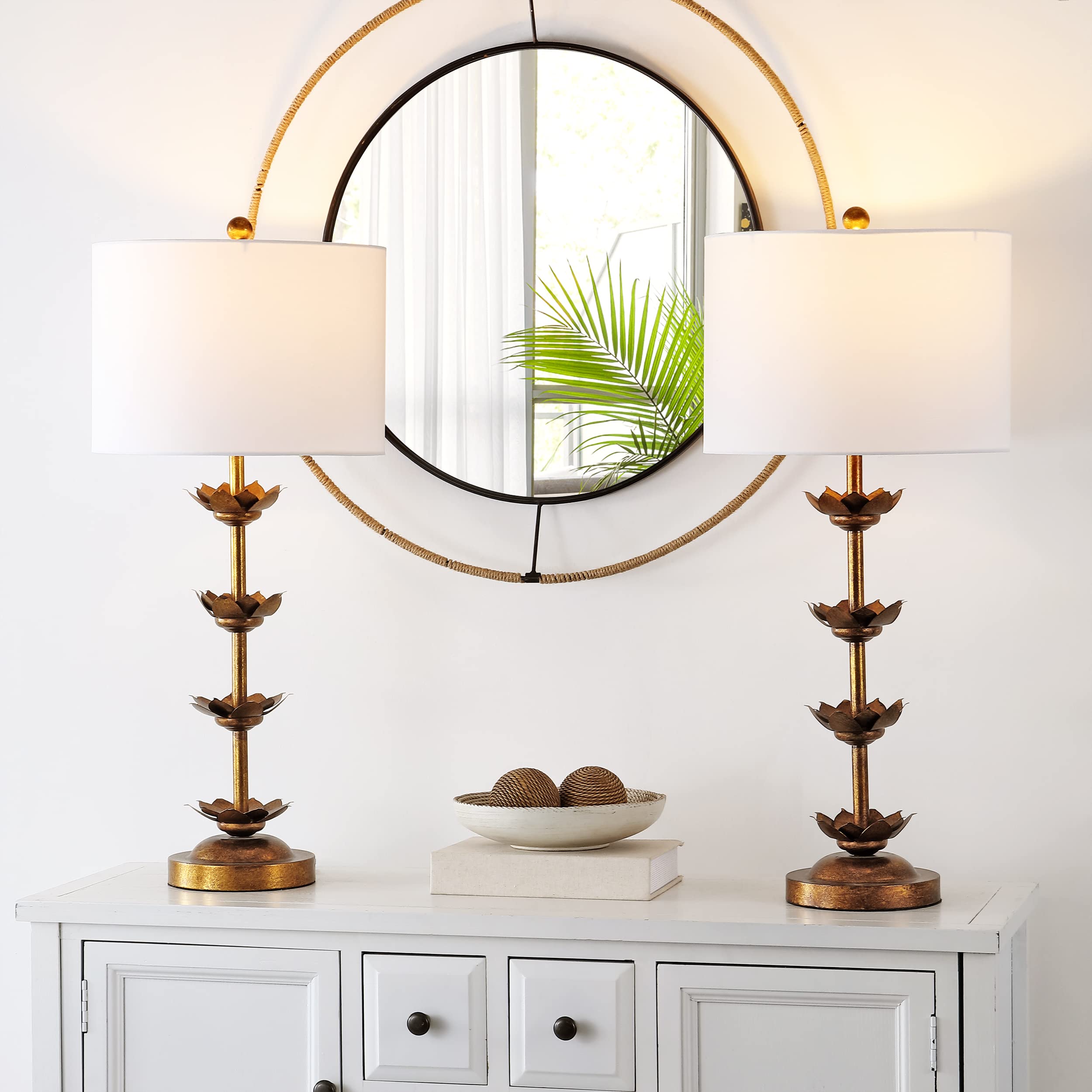 Safavieh Lani Antique Gold Leaf Table Lamp Set of 2, 32 Inch, White, Metal, LED Bulbs Included, Model TBL4016A-SET2