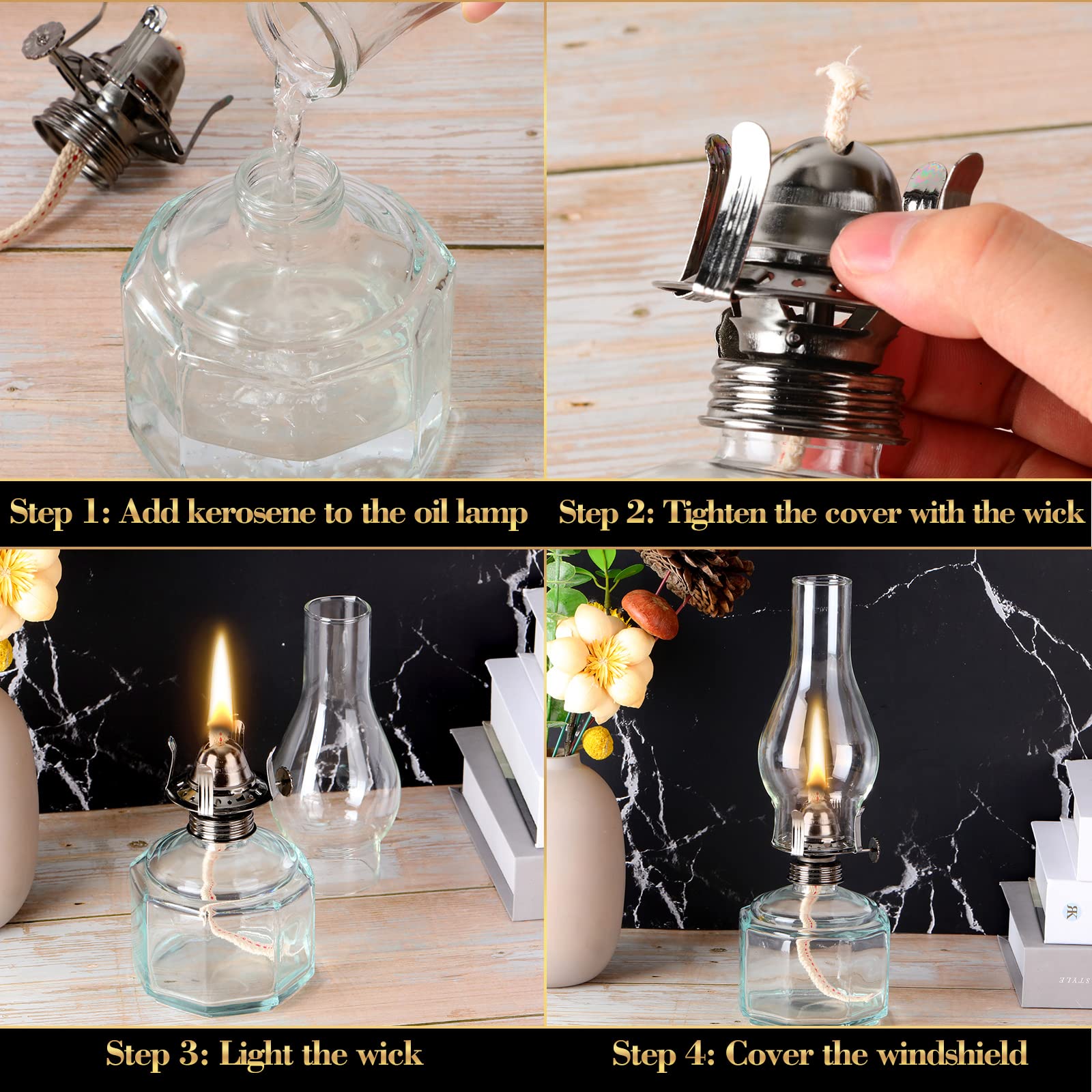 Yahenda Vintage Glass Oil Lamp Set - 4 Pieces Clear Kerosene Lanterns for Home Decor and Emergency Lighting
