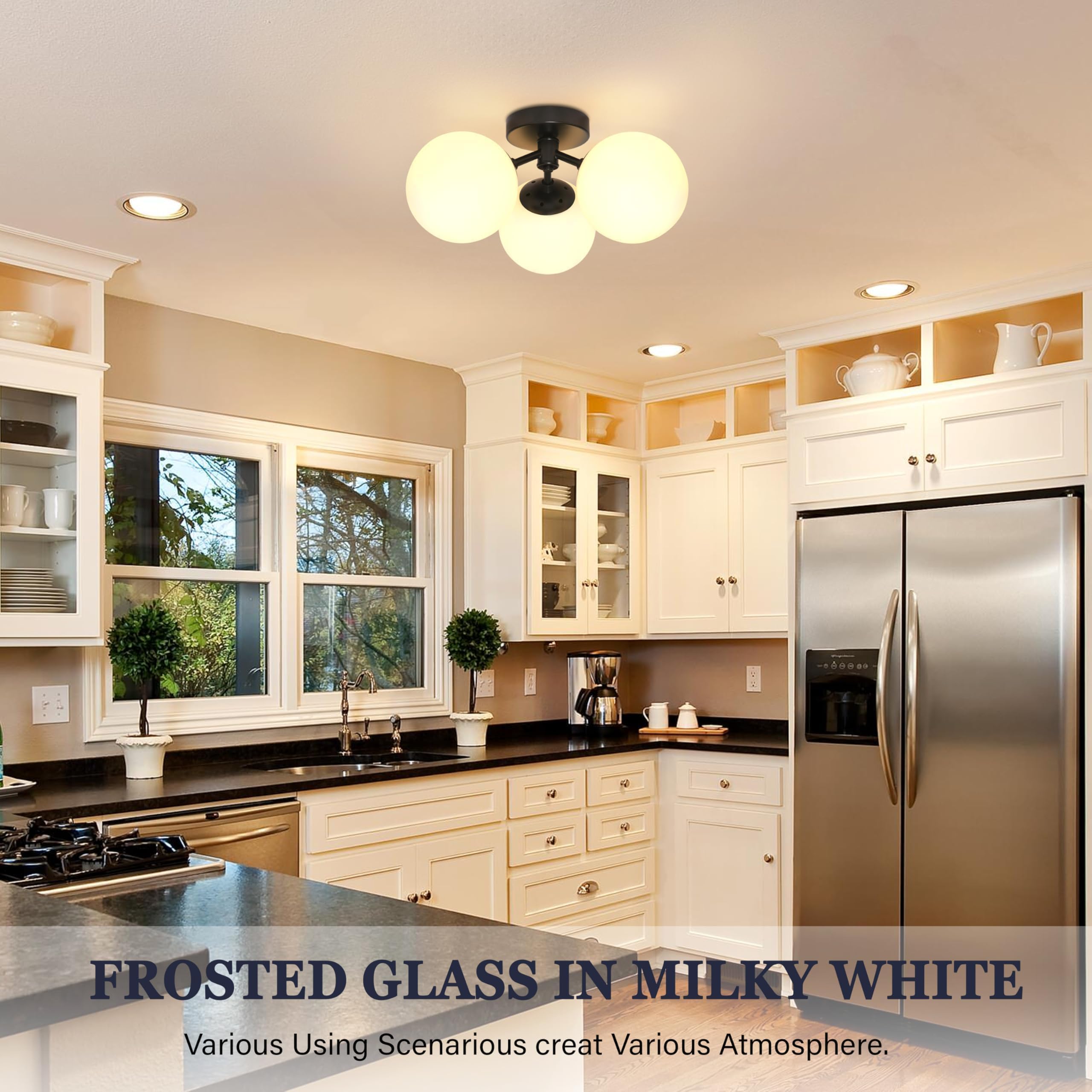 Bagood 3 Light Mid Century Modern Black Semi Flush Mount Ceiling Light Milk Glass Globe Ceiling Lights Black Chandelier 3 Light