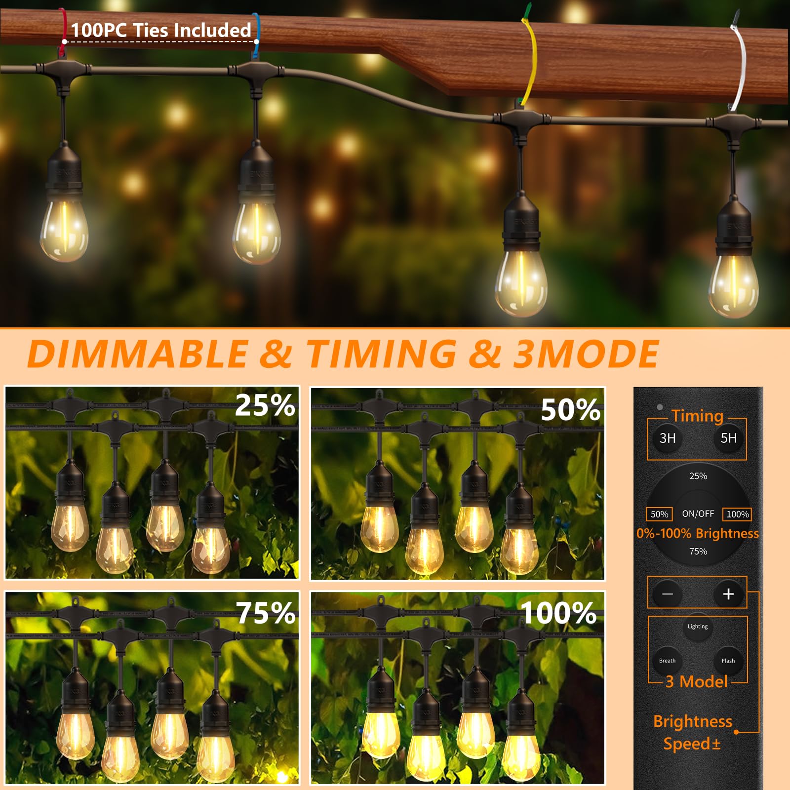 EIKOSON 100FT LED Outdoor String Lights, 64 Waterproof Bulbs, Remote & Dimmer, Black, Commercial Grade, Model EIK-96FT-64