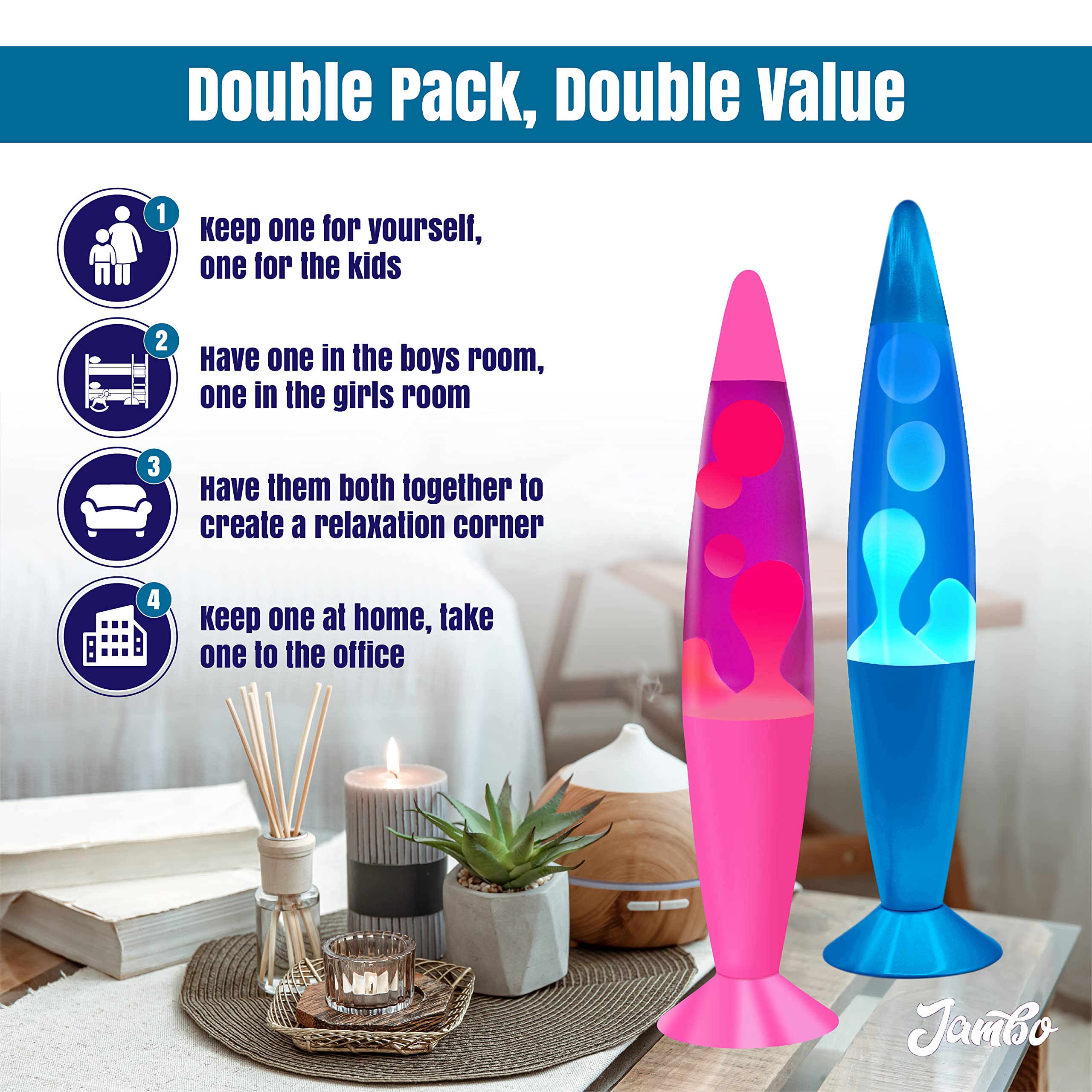 JAMBO Motion Lamp Double Pack - 16in Aluminum, Blue and Pink Bases, Relaxing Liquid Night Light