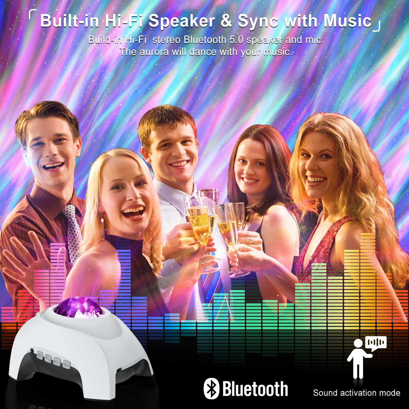 Vinwark Star Projector, Galaxy Projector, Northern Lights Aurora Projector For Bedroom With Music Bluetooth Speaker And White No