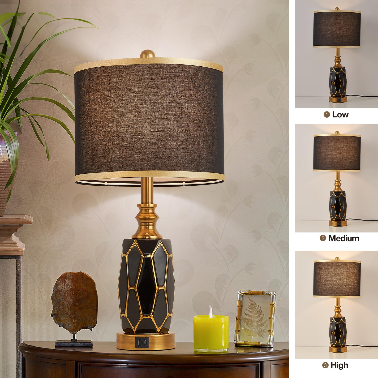workluurop Touch Control Table Lamps Set of 2, Ceramic, USB Ports, 25.5 Inches, Black and Gold, Model HYZCJF