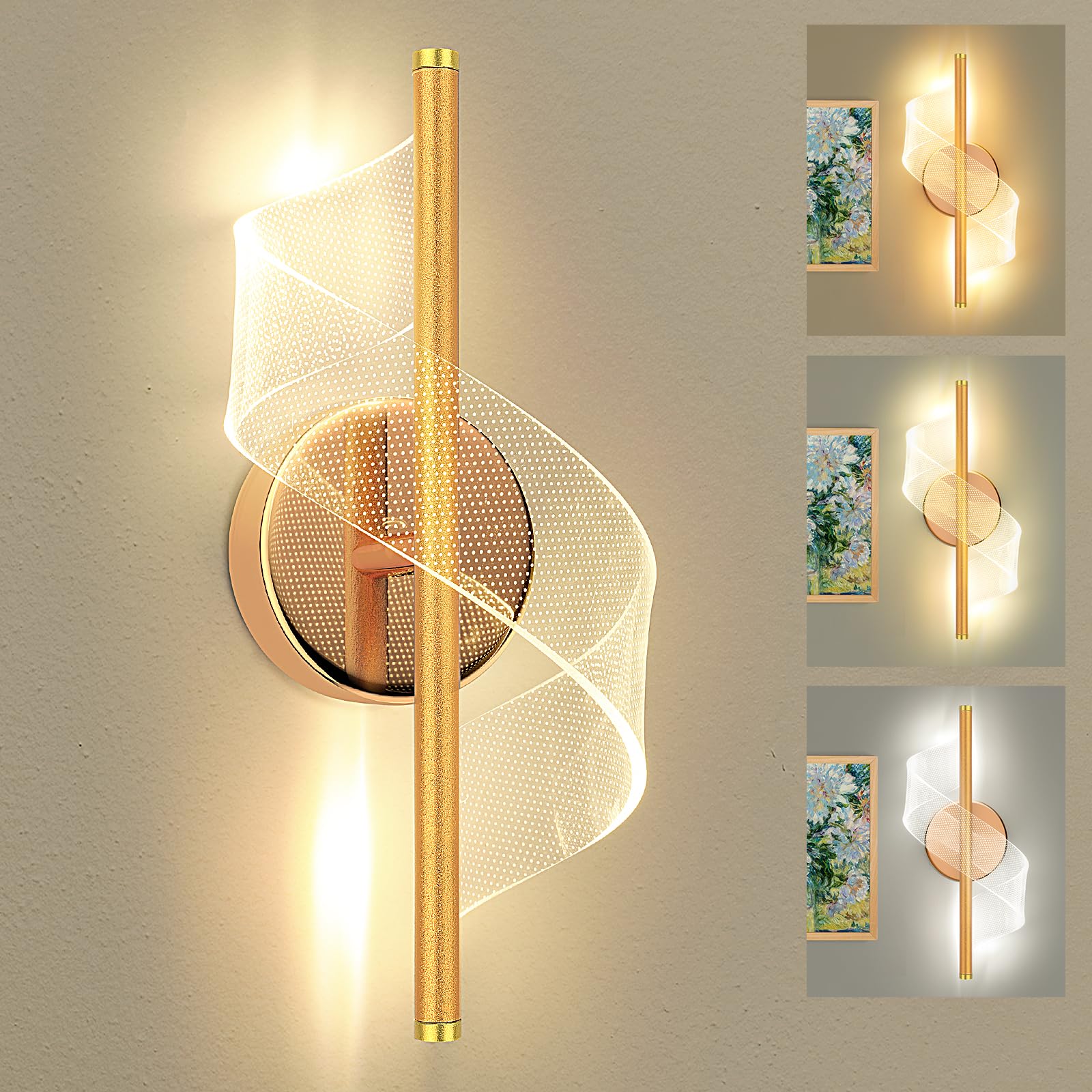 Assimilans Modern LED Wall Sconce - 12 Height Spiral Wall Lamp with Acrylic Shade - 3000K 4000K 6000K Indoor Hardwired Wall Fixt