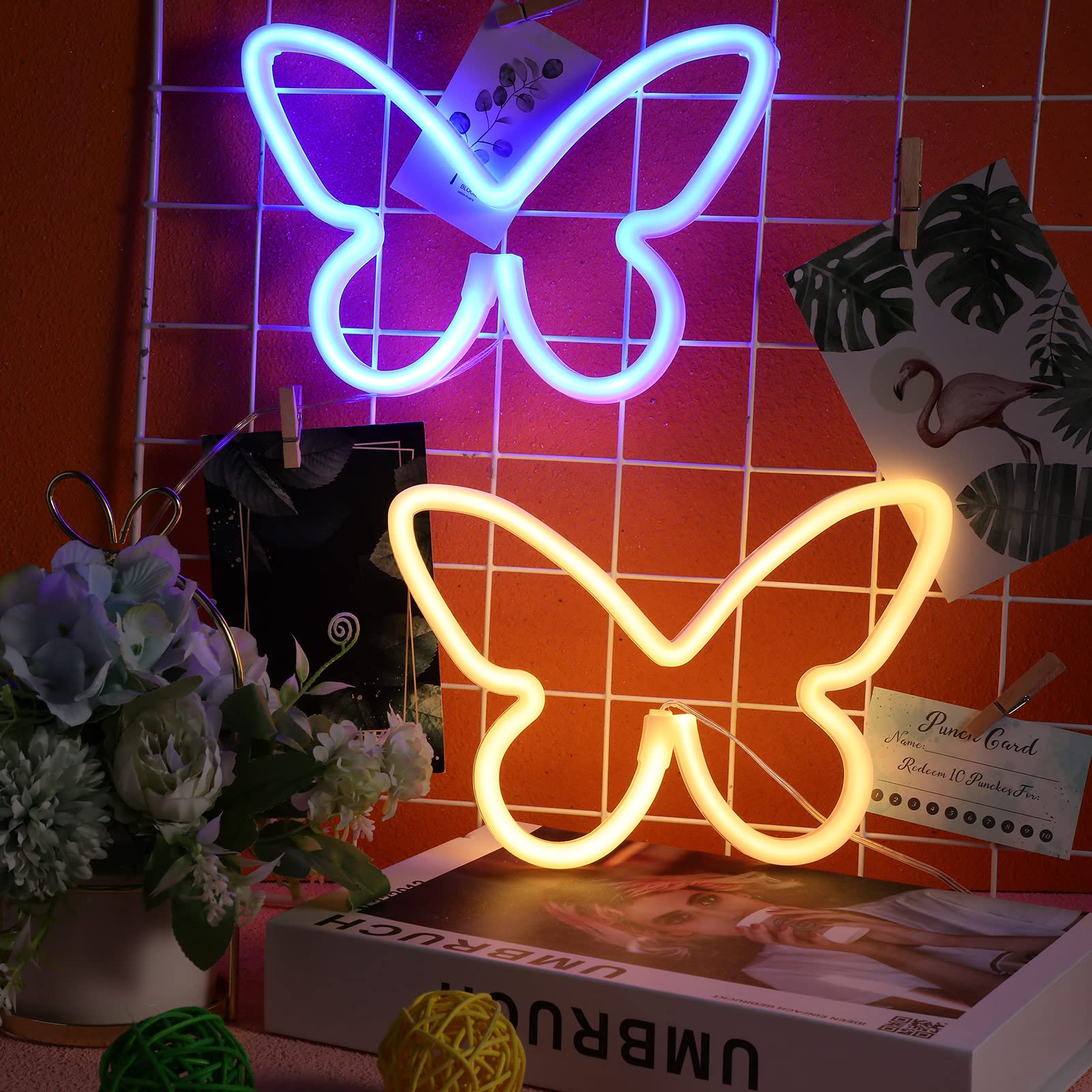 Riakrum Butterfly LED Neon Light Decor - 2 Pcs, USB & Battery Operated, Blue & Warm White, Model Riakrum-Signs Butterfly LED Light-026