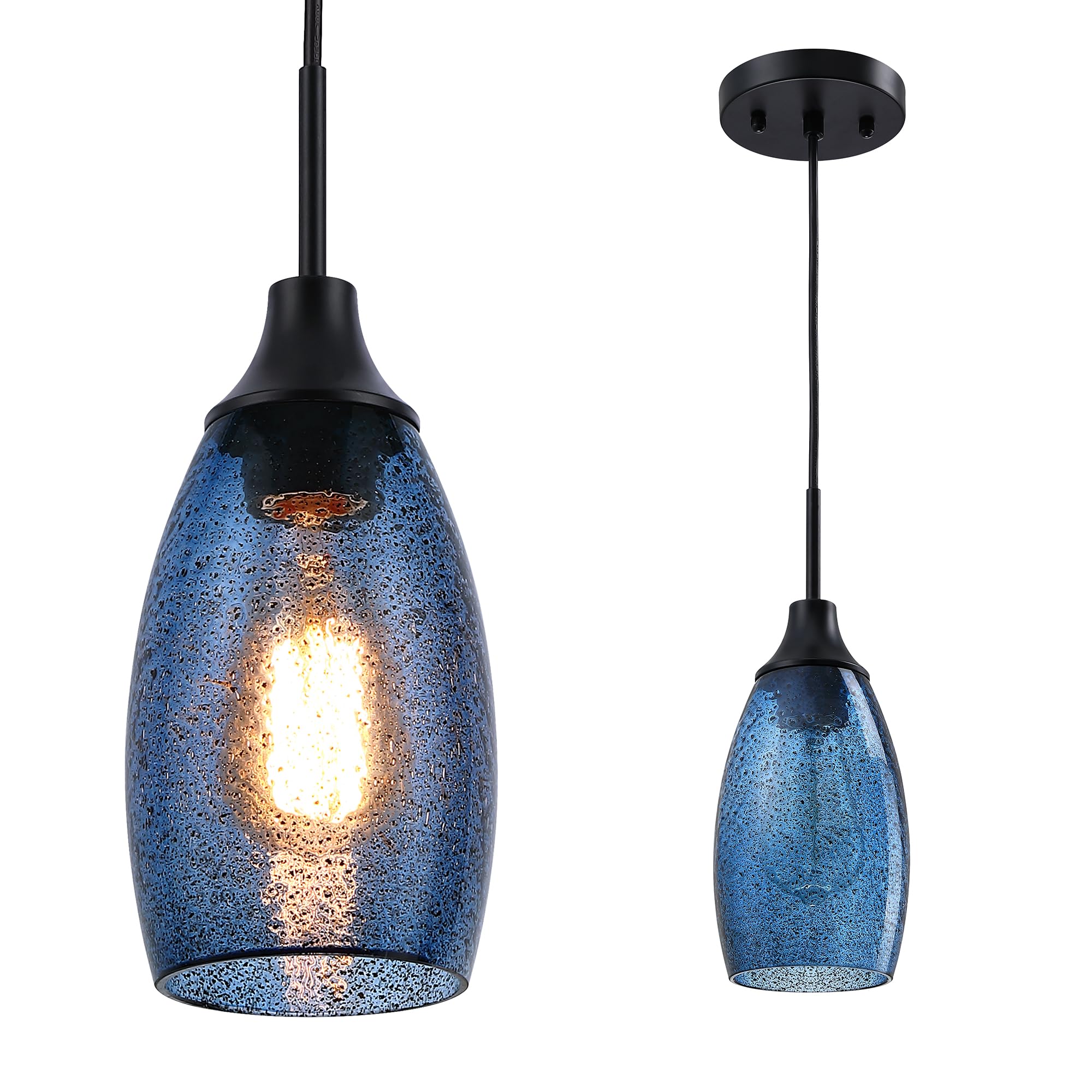 Viinew Mini Glass Pendant Light 1-Pack Handblown Clear Dark Blue Seeded Glass Shade Adjustable Cord Ceiling Light Fixture for Ki
