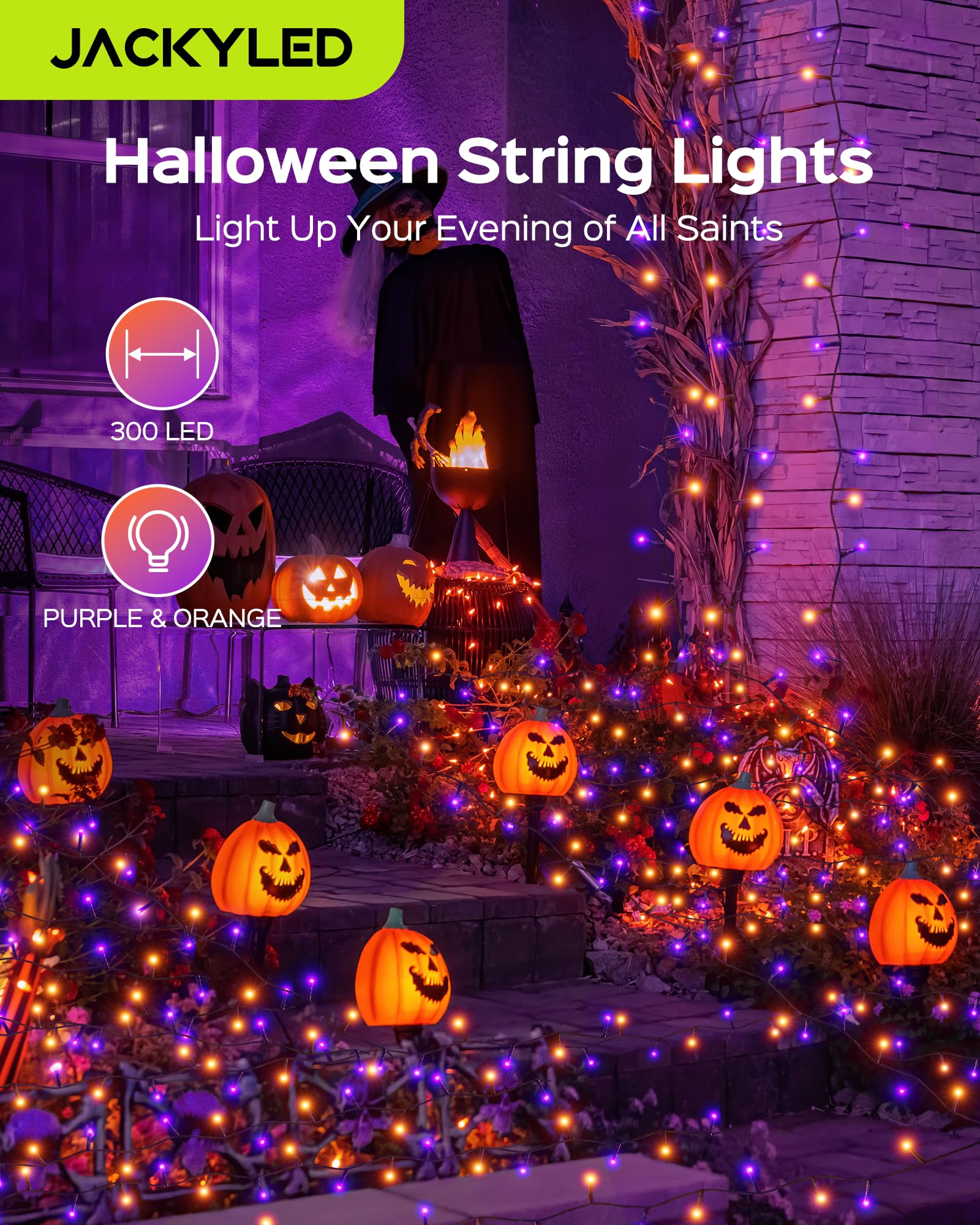 Jackyled 300Led Purple & Orange Halloween Lights, 109Ft Outdoor String Lights Connectable, Memory Function, 8 Modes Indoor Hallo