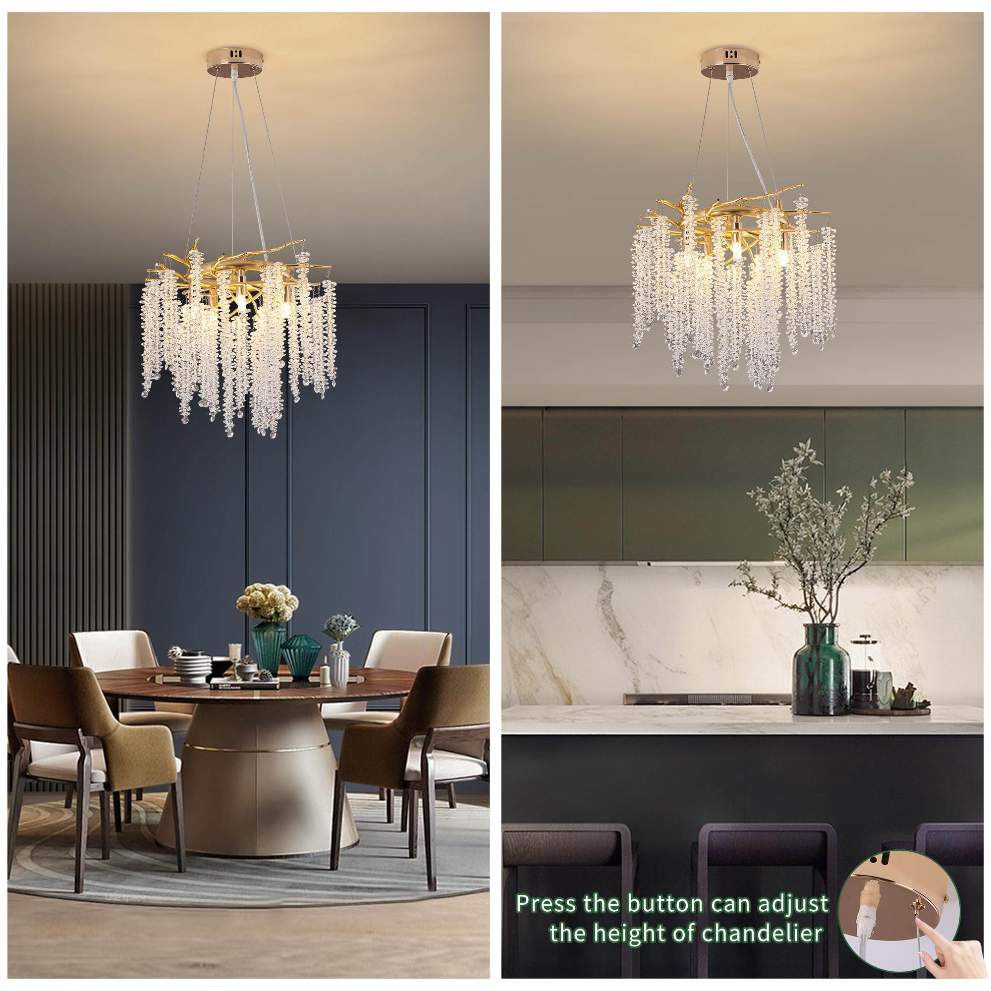 Puvaue 8-Light Raindrop Crystal Pendant Chandelier Round D15.8in Gold, Aluminum/Iron, Luxury Ceiling Light for Dining Room/Bedroom