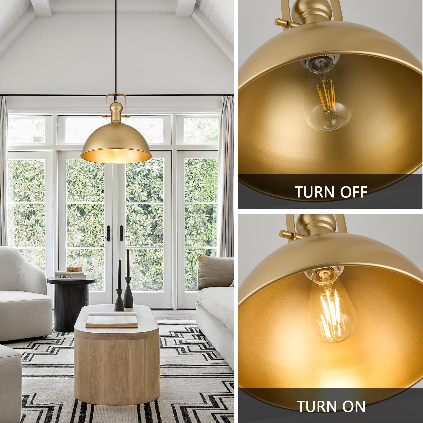 ALAISLYC 12" Gold Farmhouse Pendant Light - Vintage Dome Fixture for Kitchen Island & Dining Room, Adjustable Height, 1 Pack