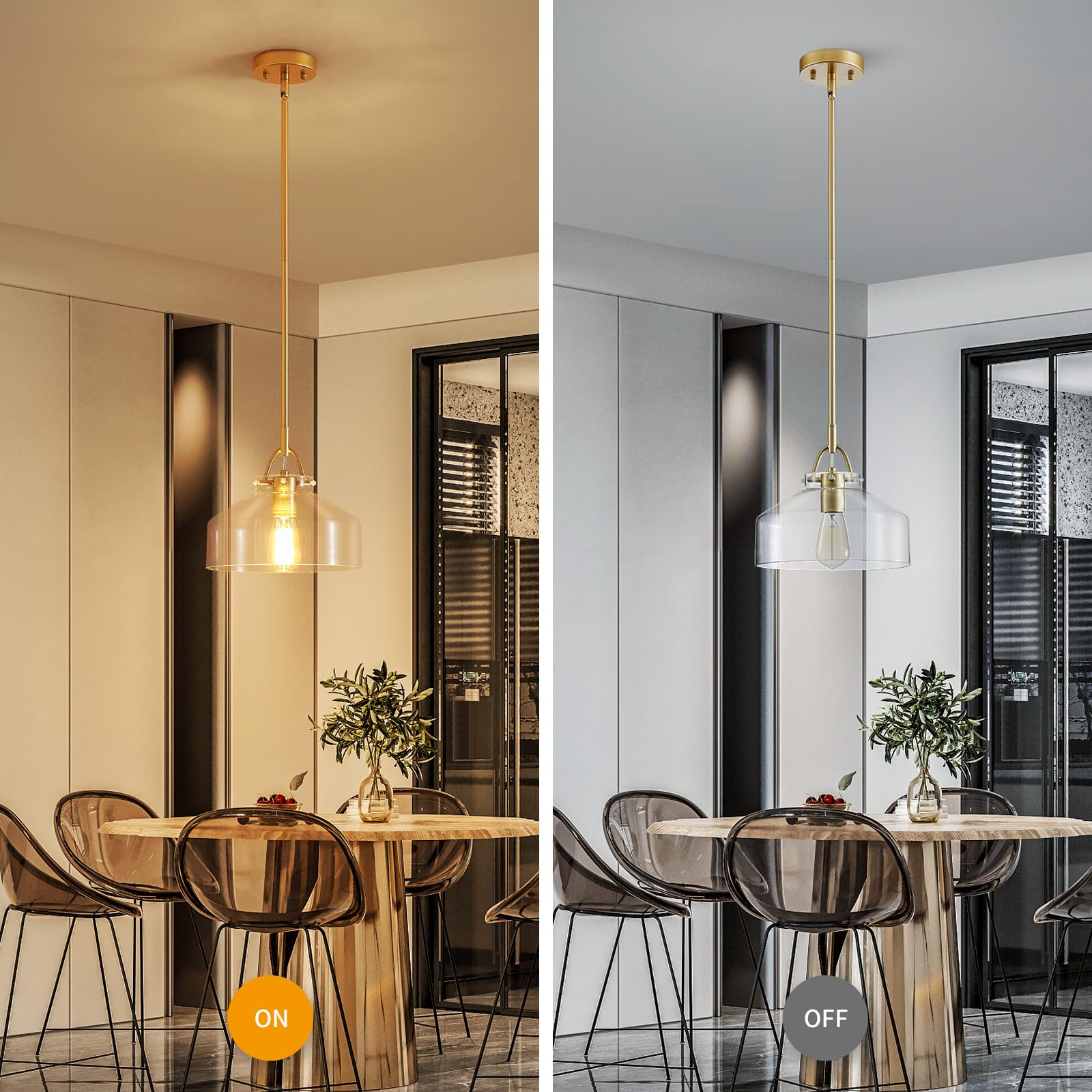 WUZUPS Rustic Farmhouse Chandelier Pendant Light Fixture, 9.4" H x 10.6" W, Gold, E26 Base, Clear Glass Shades for Dining Room Foyer