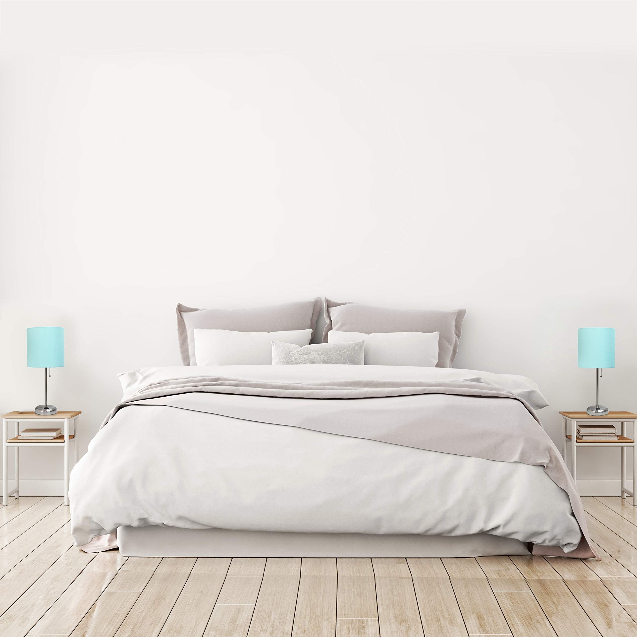 Simple Designs Lc2002-Aqu-2Pk Brushed Steel Stick Table Lamp Set With Usb Charging Port And Aqua Fabric Shades, 2 Pack Set