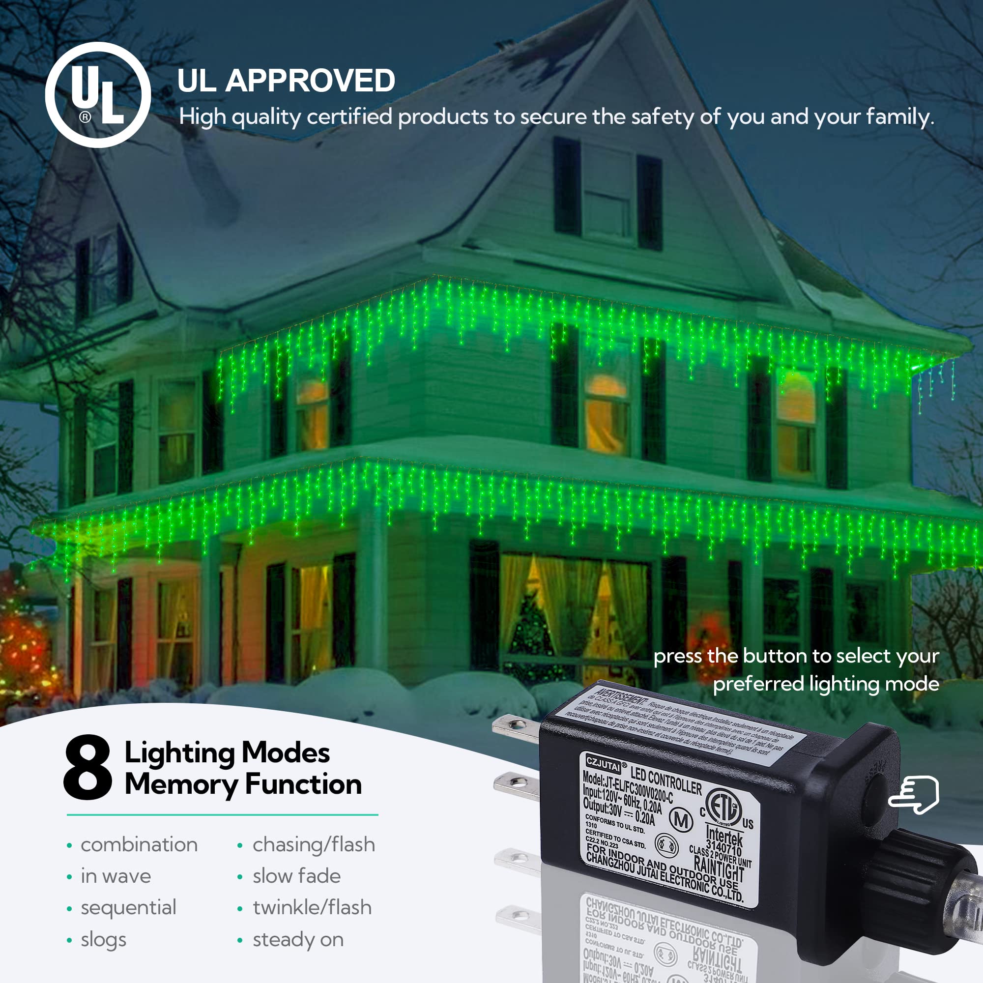 Hopolon 33Ft 360L Led Christmas Icicle Lights Outdoor Waterproof,8 Modes Plug In Curtain String Lights With 60 Drops,Christmas Lights For Wedding,Party,Bedroom,Home,Garden,Wall Decorations(Green)
