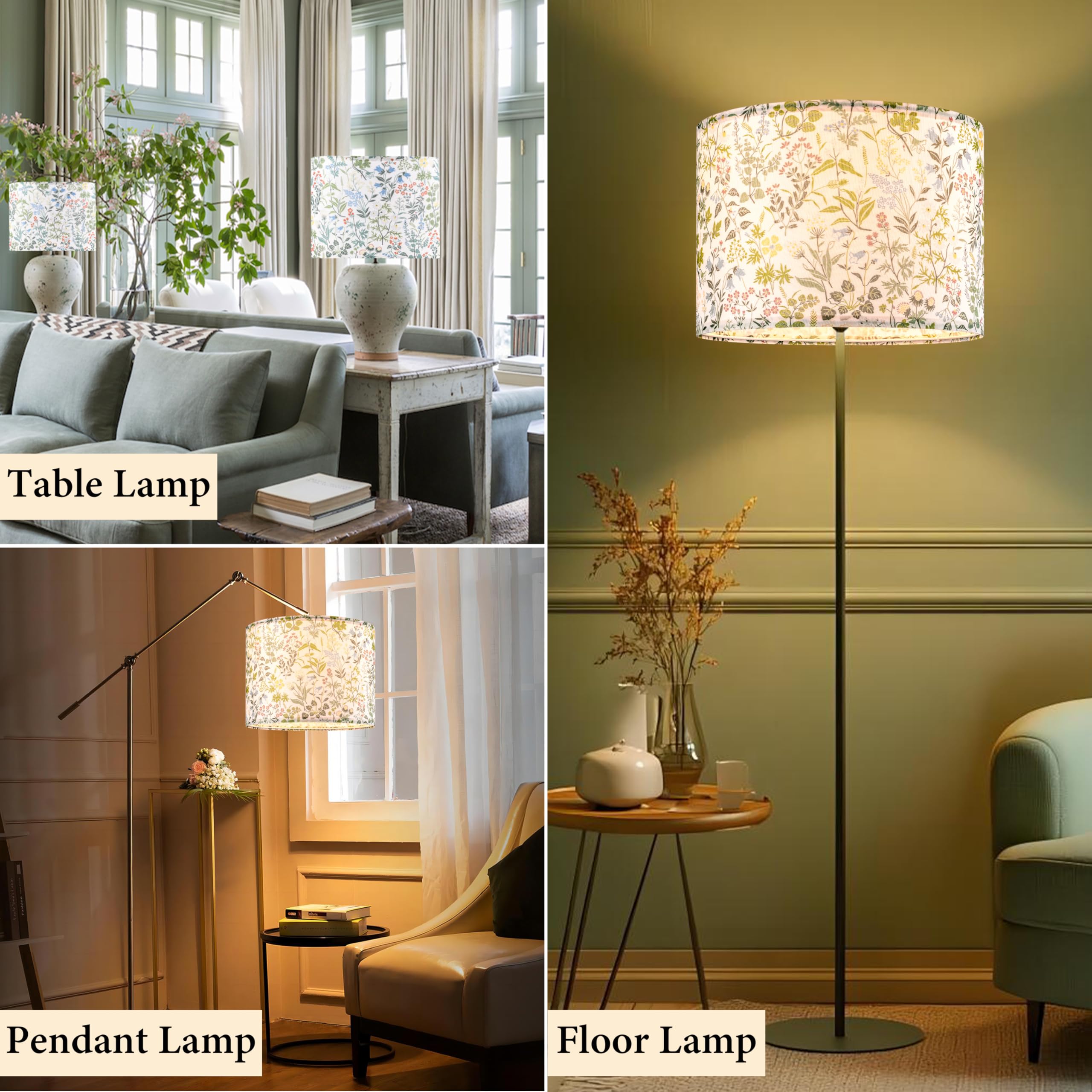 GO&SO Floral Drum Lamp Shade, 16inx16inx12in, Polyester Linen, Multicolour-4, Spider E27 Base, DIY Assembly with 3 Adapters